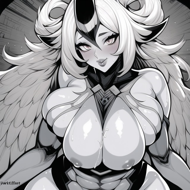 1girls 2d 2d_(artwork) ai_generated angle anthro black_and_white blush breasts darkeffect female_only furry lips looking_at_viewer partially_clothed sweat wings