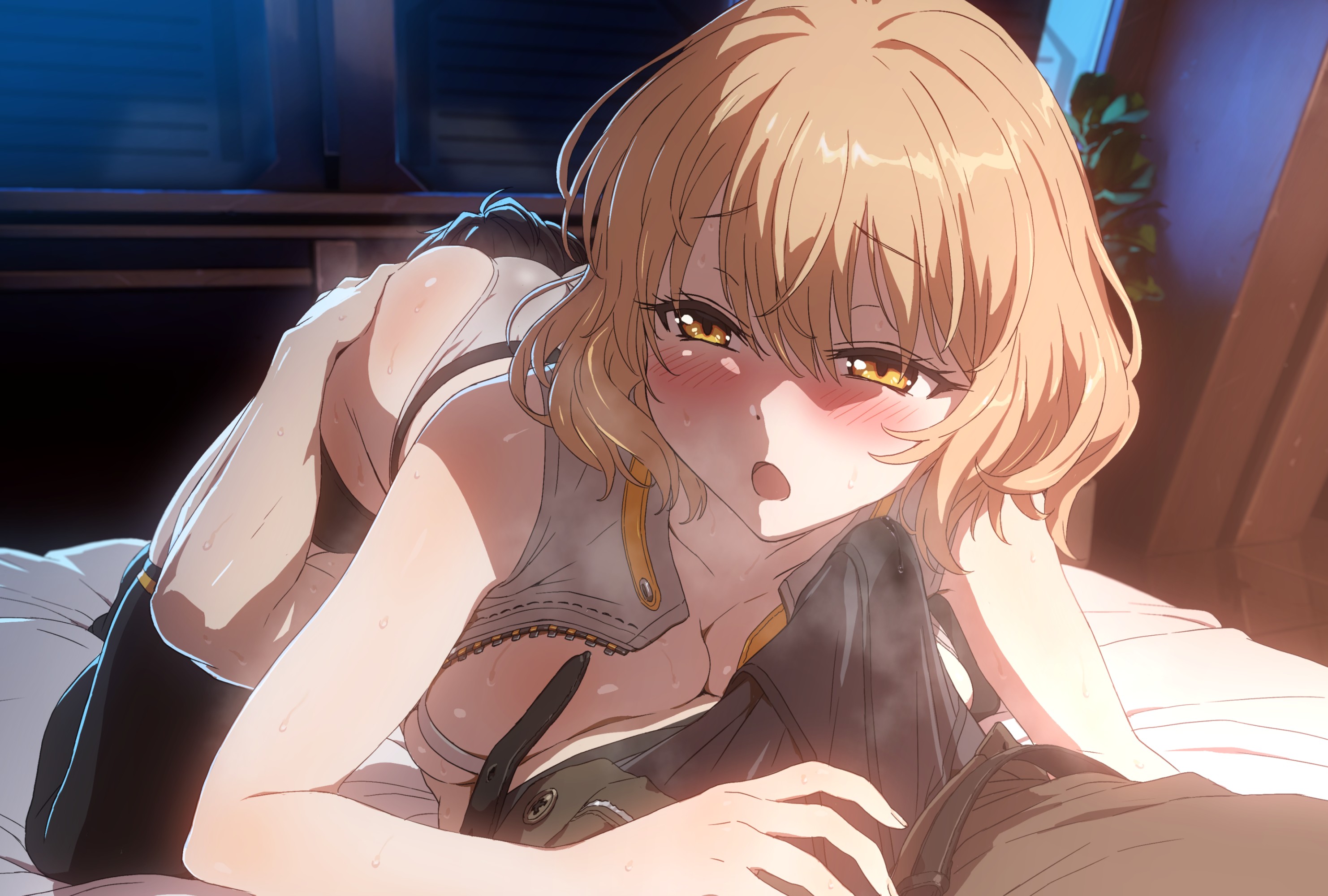 1boy, 1girls, 69, anis (nikke), ass, ass grab, bare shoulders, bed, black hair, black thighhighs, blush, bra, breasts, bulge, cleavage, clip studio paint (medium), collarbone, commander (nikke), cowgirl position, cunnilingus, erection, erection under clothes, female, goddess of victory: nikke, grey vest, highres, intensify 0, large breasts, light brown hair, looking back, male, nonude, on bed, open mouth, oral, panties, short hair, thighhighs, thighs, underwear, vest, white bra, white panties, yellow eyes