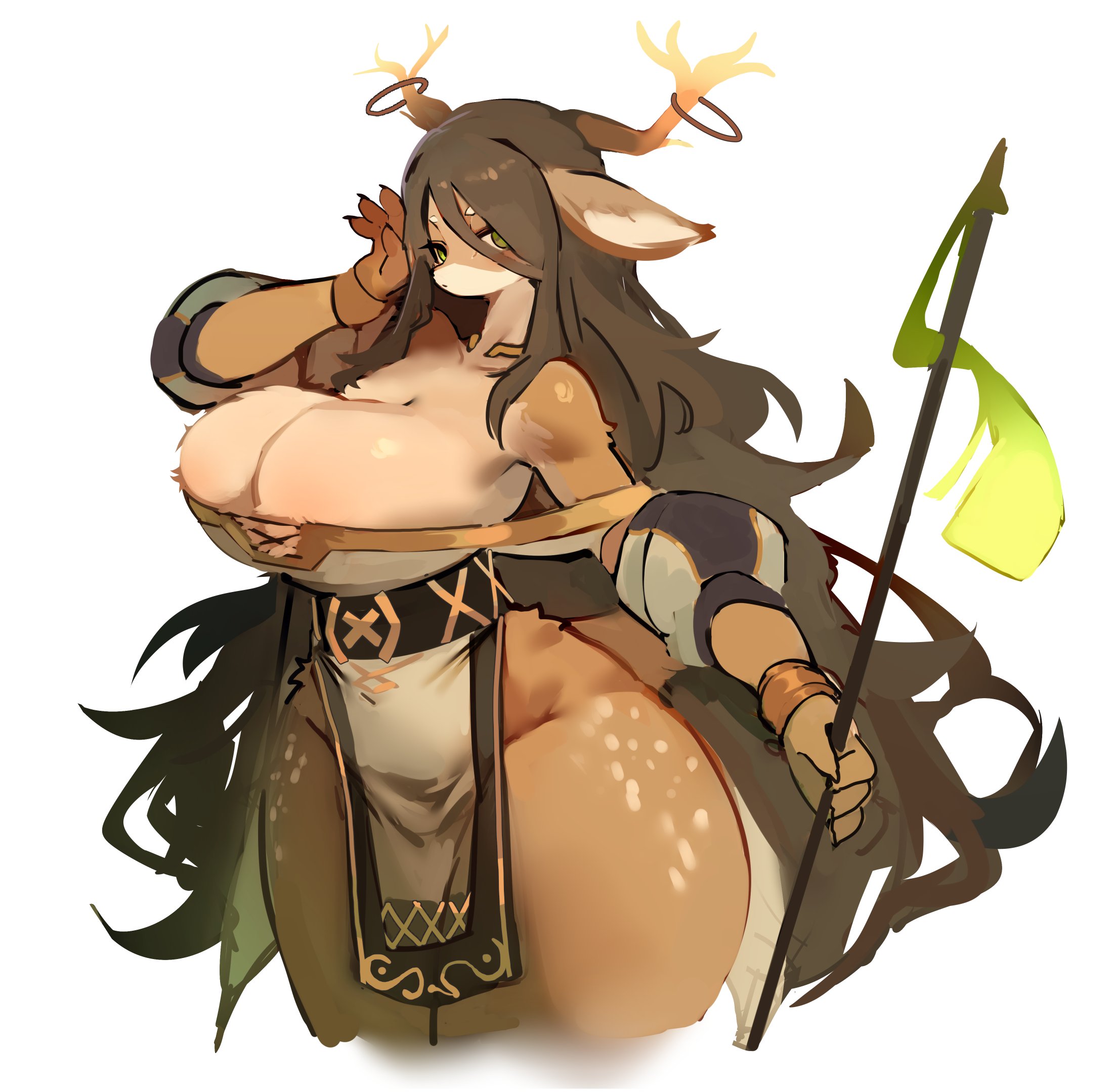 1girls, 2023, anthro, areola, areola slip, bare shoulders, big breasts, bottomwear, breasts, brown body, brown fur, bulging breasts, cleavage, clothed, clothing, deer, digital media (artwork), dress, ears down, female, female only, fingers, fur, hi res, holding object, holding staff, horn, loincloth, looking at viewer, mammal, pivoted ears, simple background, solo, staff, thick thighs, utterangle, white background, white clothing, white dress, wide hips
