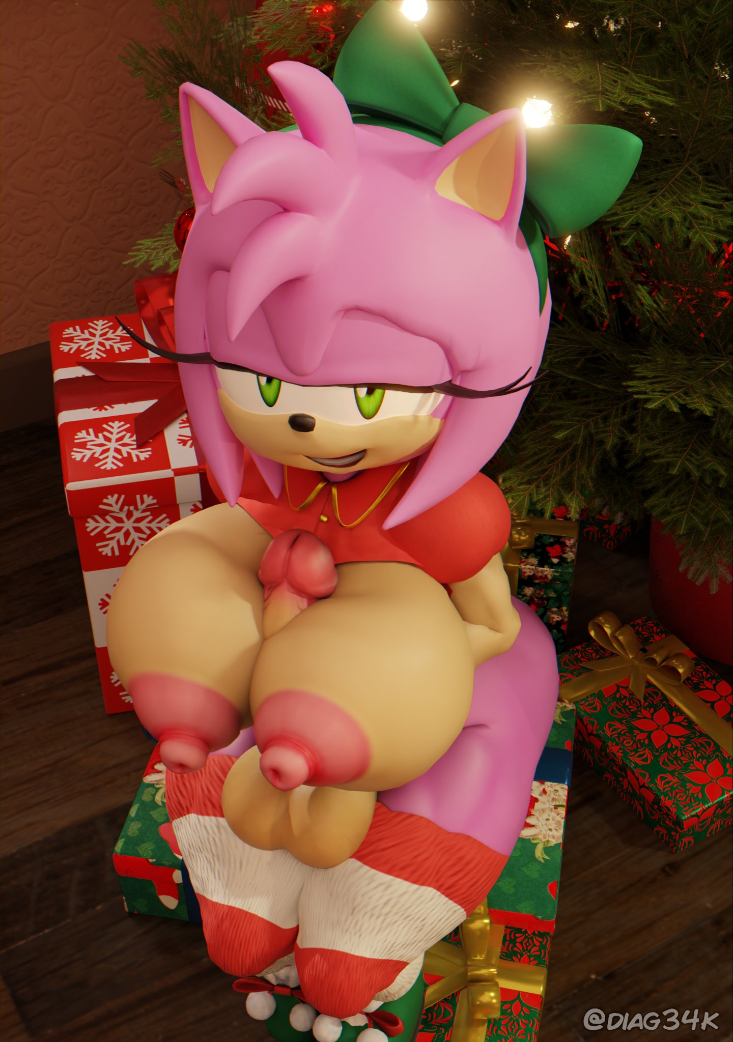 3d, 3d (artwork), amy rose, anthro, ass, autopaizuri, big ass, big breasts, big butt, bow, breasts, christmas, christmas clothing, christmas headwear, christmas outfit, christmas tree, diag34k, dickgirl, futanari, grabbing own breast, half-closed eyes, huge breasts, huge cock, intersex, jingle belle amy, penis, seductive, seductive eyes, seductive look, seductive smile, sega, solo, solo futa, sonic (series), sonic forces speed battle, thick thighs, thighhighs