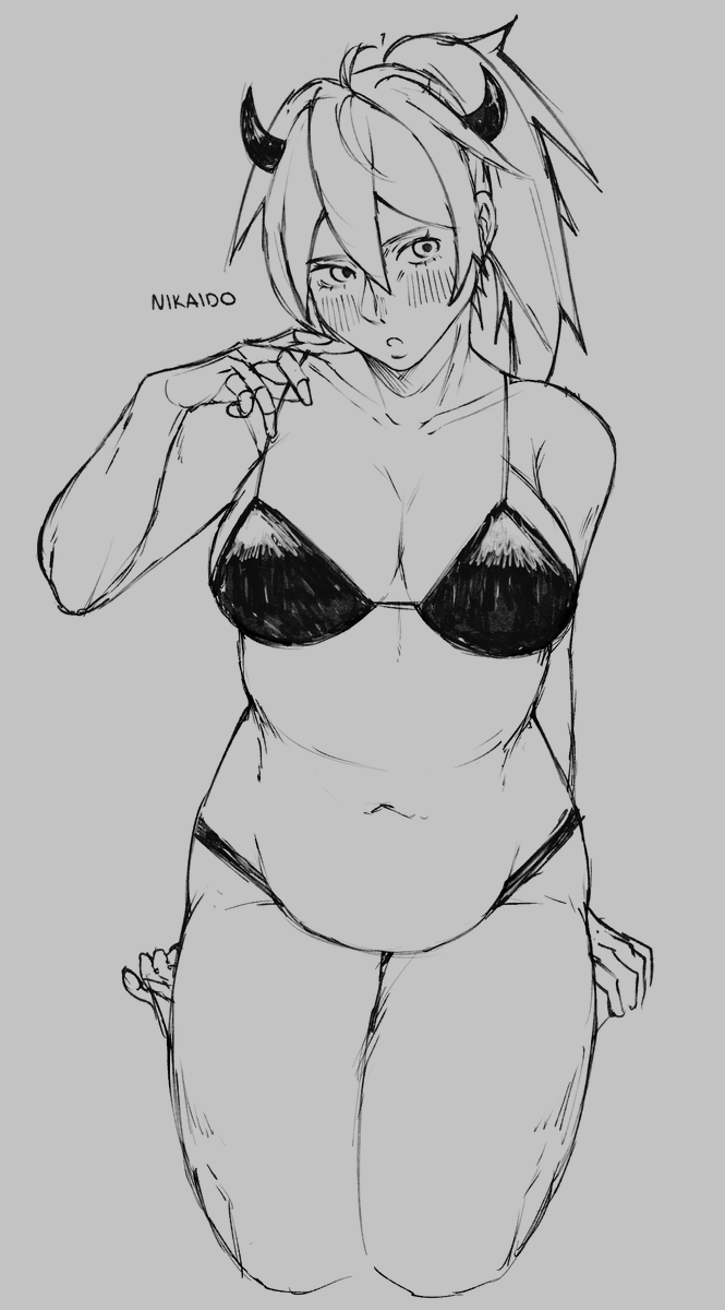 1girl belly belly_bulge bikini black_and_white blush demon_horns dorohedoro female_only horns monochrome nikaido ponytail