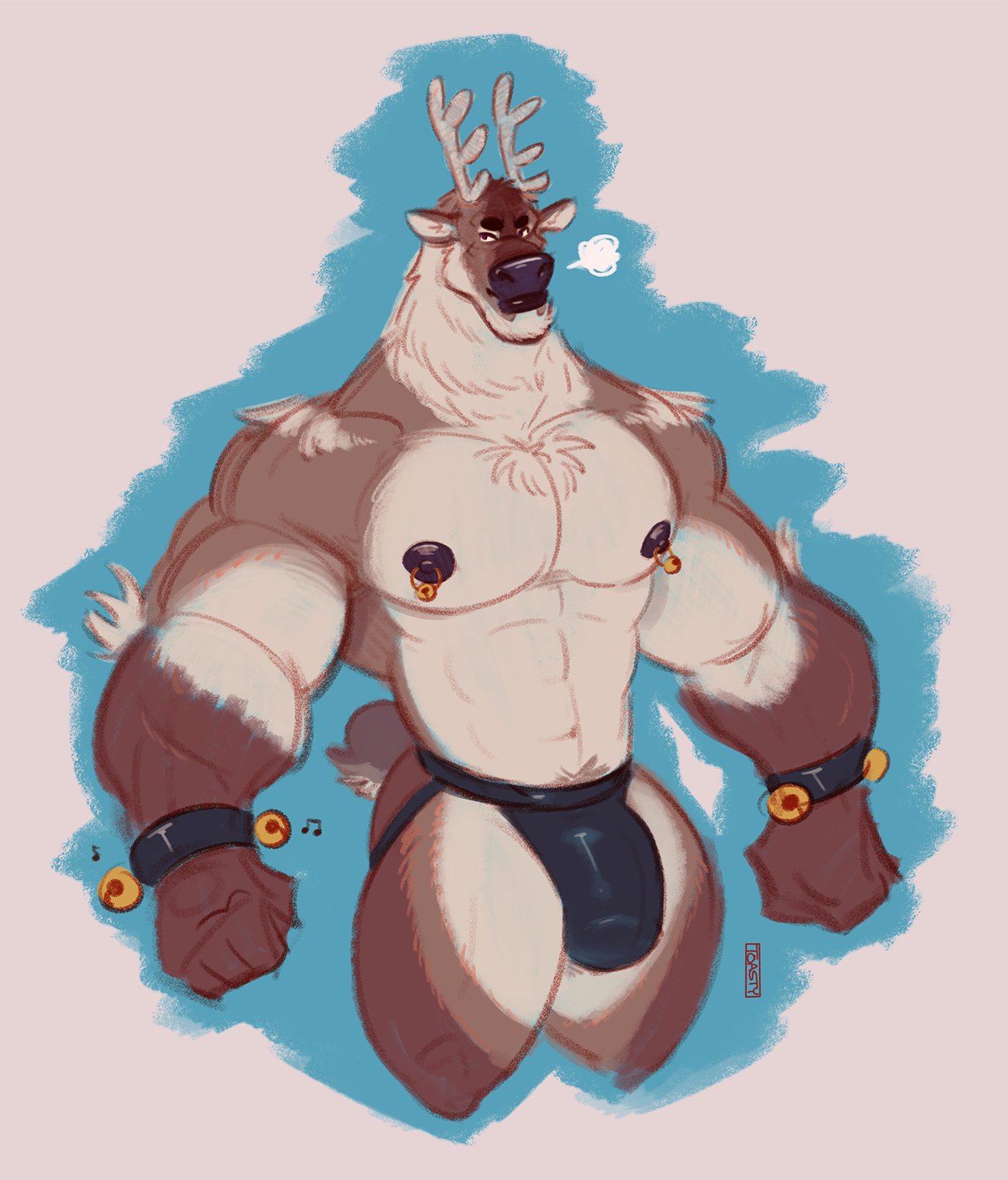 2023 abs anthro antlers barazoku bell biceps big_bulge big_muscles blue_background bracelet bulge christmas clothed clothing dasher deer eyebrows fur grey_background hi_res holidays horn huge_muscles jewelry jockstrap looking_at_viewer male mammal muscular muscular_anthro muscular_male navel new_world_deer nipple_piercing nipple_ring nipples pecs piercing reindeer ring_piercing simple_background solo standing thick_thighs toastyfuzzbuns topless topless_anthro topless_male tuft underwear