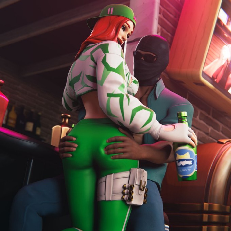 ass ass_grab bar beer big_ass blue_shirt chance_(fortnite) crop_top drunk fortnite green_hat green_panties hat legwear macklesternsfw mask masked_male red_hair sunglasses thick_ass touching_ass unseen_male_face white_hoodie