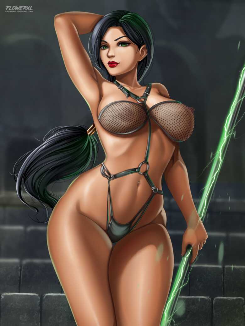 1female 2d alternative_body_build artist_logo bracelet breasts cleavage detailed_background female flowerxl garter_straps gloves green_eyes green_hair hair_ribbon hand_behind_head jade_(mk9) jade_(mortal_kombat) light-skinned_female lingerie long_hair looking_at_viewer mortal_kombat mortal_kombat_(2011) nipples_visible_through_clothing red_lips red_lipstick shoes solo strapless_bikini thick_thighs thunder_thighs video_game_character