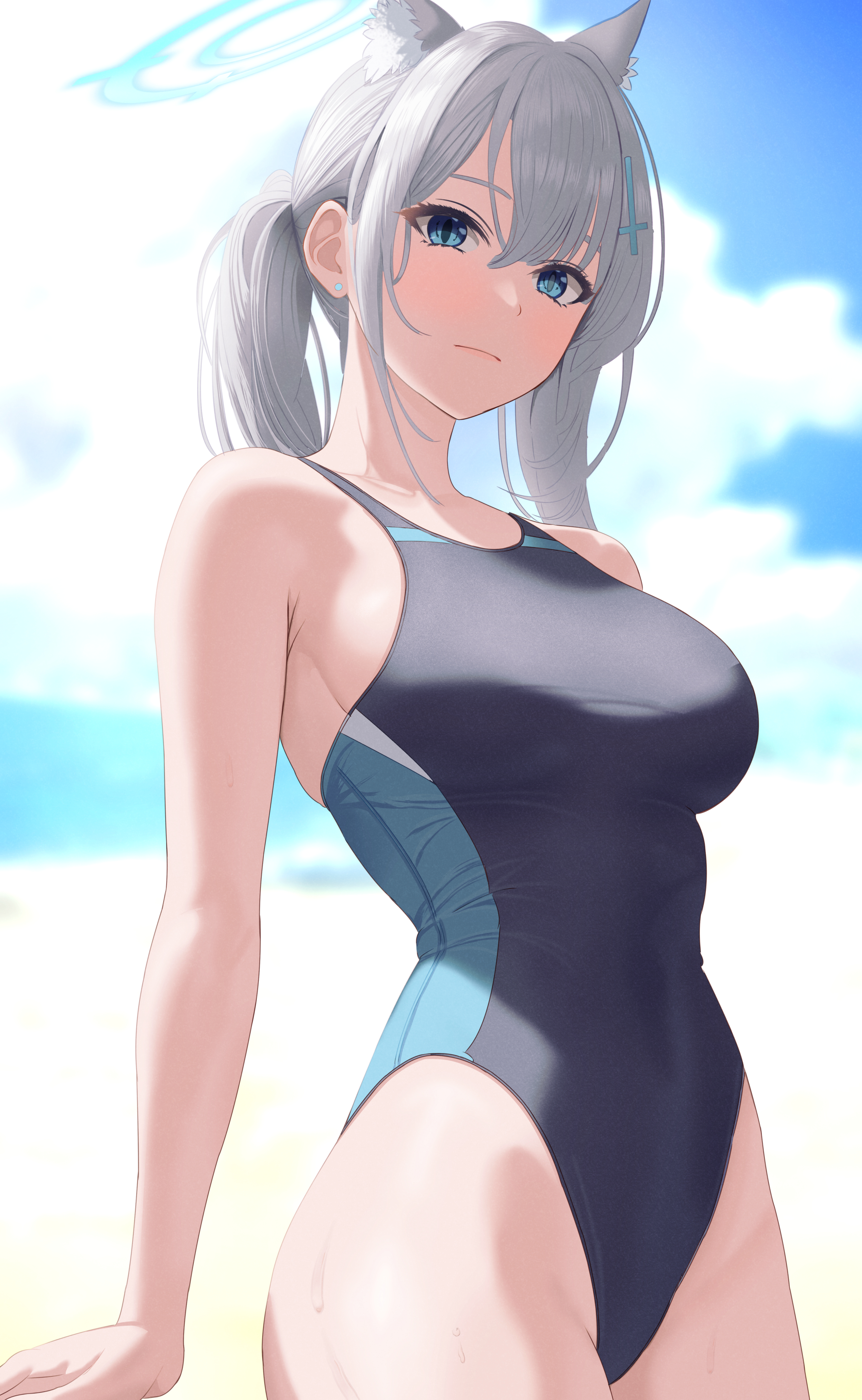 1girls, animal ears, big breasts, blue archive, blue eyes, blue swimsuit, breasts, cat ears, ear piercing, earrings, female, female only, grey hair, hair, ni tamago sando, one-piece swimsuit, ponytail, shiroko (blue archive), shiroko (swimsuit) (blue archive), solo, solo female, sweat, sweatdrop, swimsuit, swimwear, thighs
