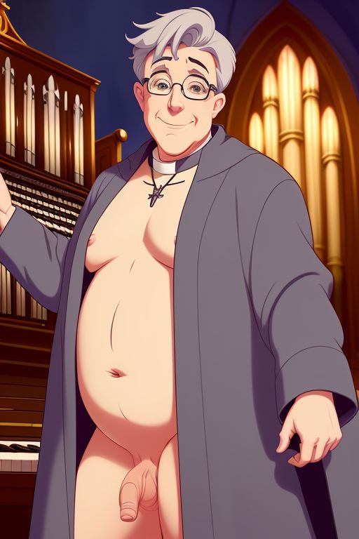 ai_generated balls bara bara_tits belly chubby church clerical_collar cross daddy flaccid glasses gordon_the_organist grey_hair looking_at_viewer male older_male overweight_male partially_undressed penis pipe_organ priest robe stable_diffusion