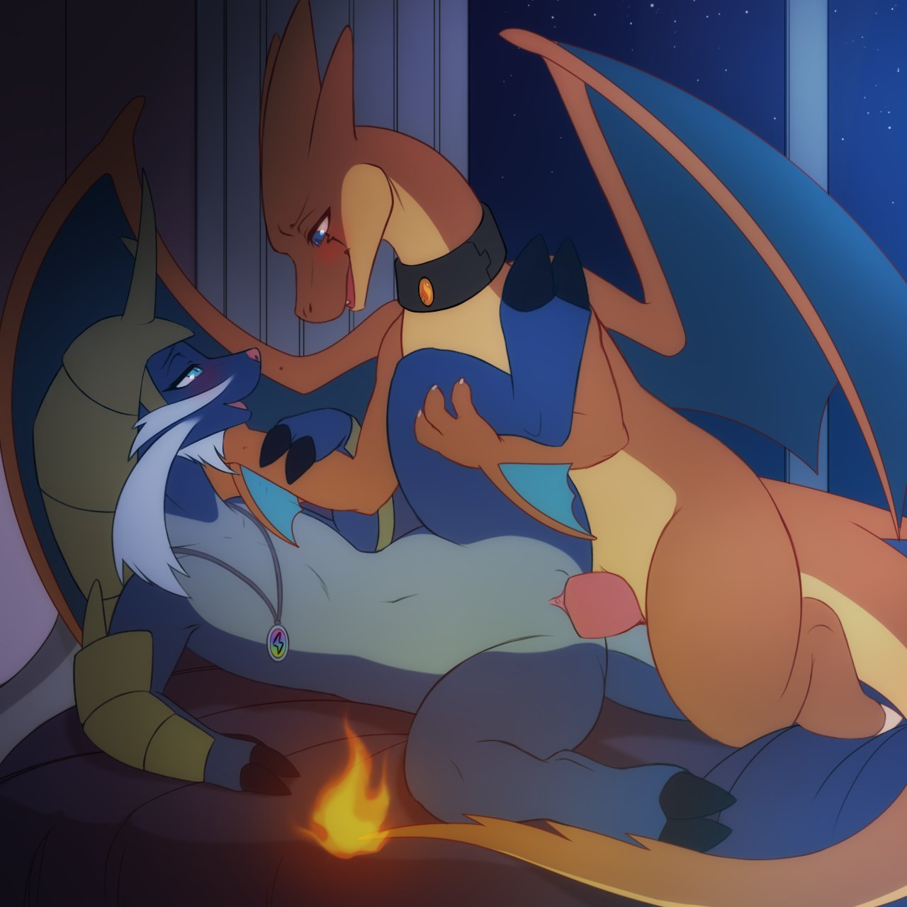 bed blue_body charizard collar darkmirage duo eye_contact facial_hair featureless_chest female fire flaming_tail flat_chested furniture generation_5_pokemon happy happy_sex hi_res horn inside interspecies jewelry leg_glider_position looking_at_another male male/female mega_charizard mega_charizard_y mega_evolution mega_stone membrane_(anatomy) membranous_wings moustache necklace night nintendo on_bed orange_body orange_scales penetration penile penile_penetration penis_in_pussy pokemon pokemon_(species) raised_leg romantic romantic_couple samurott scales scalie semi-anthro sex sky smile tail vaginal_penetration window wings