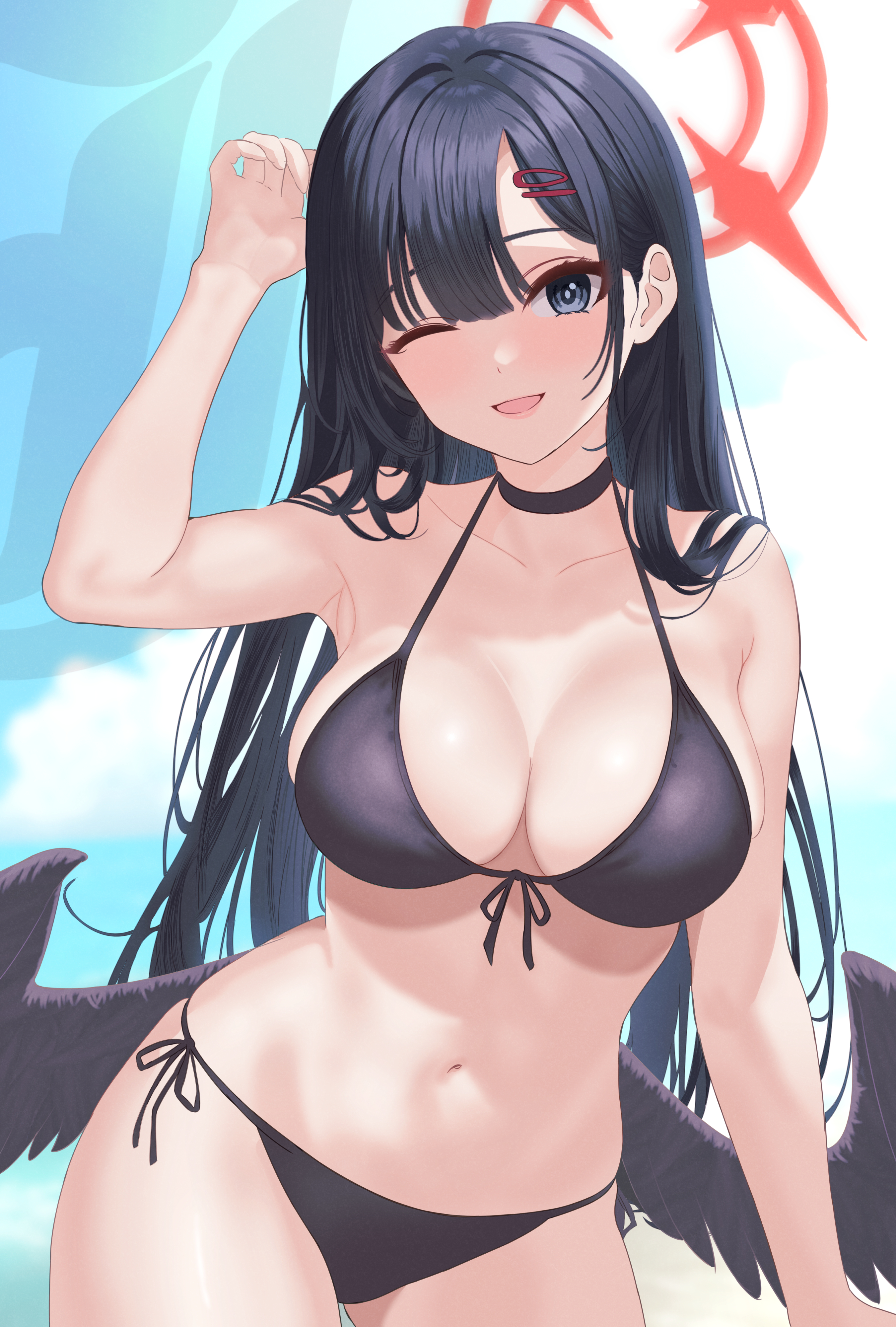 1girls, big breasts, bikini, bikini bottom, bikini top, black bikini, black eyes, black hair, blue archive, bottomwear, breasts, cleavage, female, female only, hair, halo, hips, huge breasts, ichika (blue archive), long hair, ni tamago sando, one eye closed, solo, solo female, swimwear, topwear, wink, winking