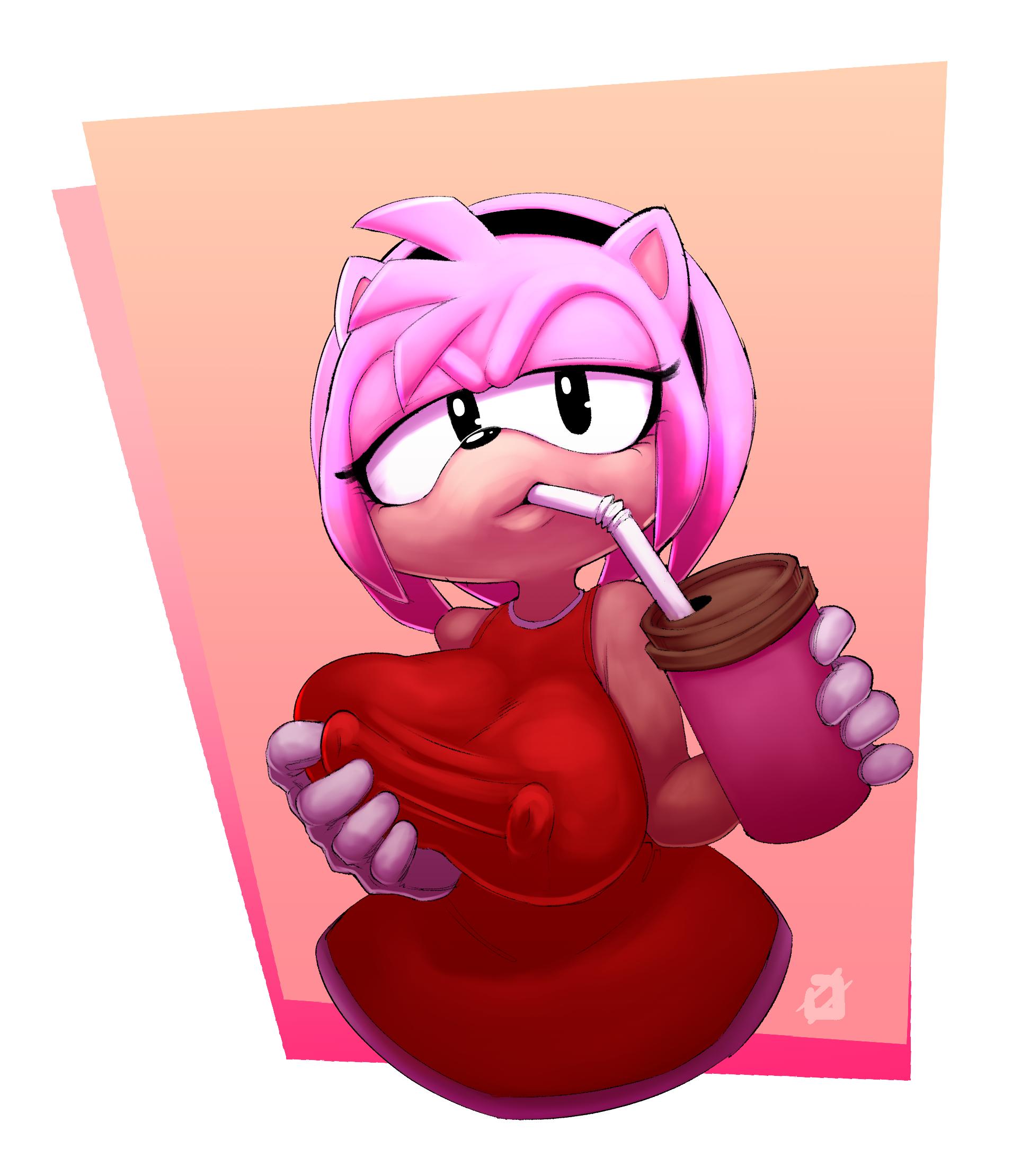 amy rose, big breasts, breasts, cup, drink, female, female only, groping, groping breasts, hairband, nipple piercing, nipples, nipples visible through clothing, piercing, pink fur, sega, sixsidesofmyhead, sonic (series), straw
