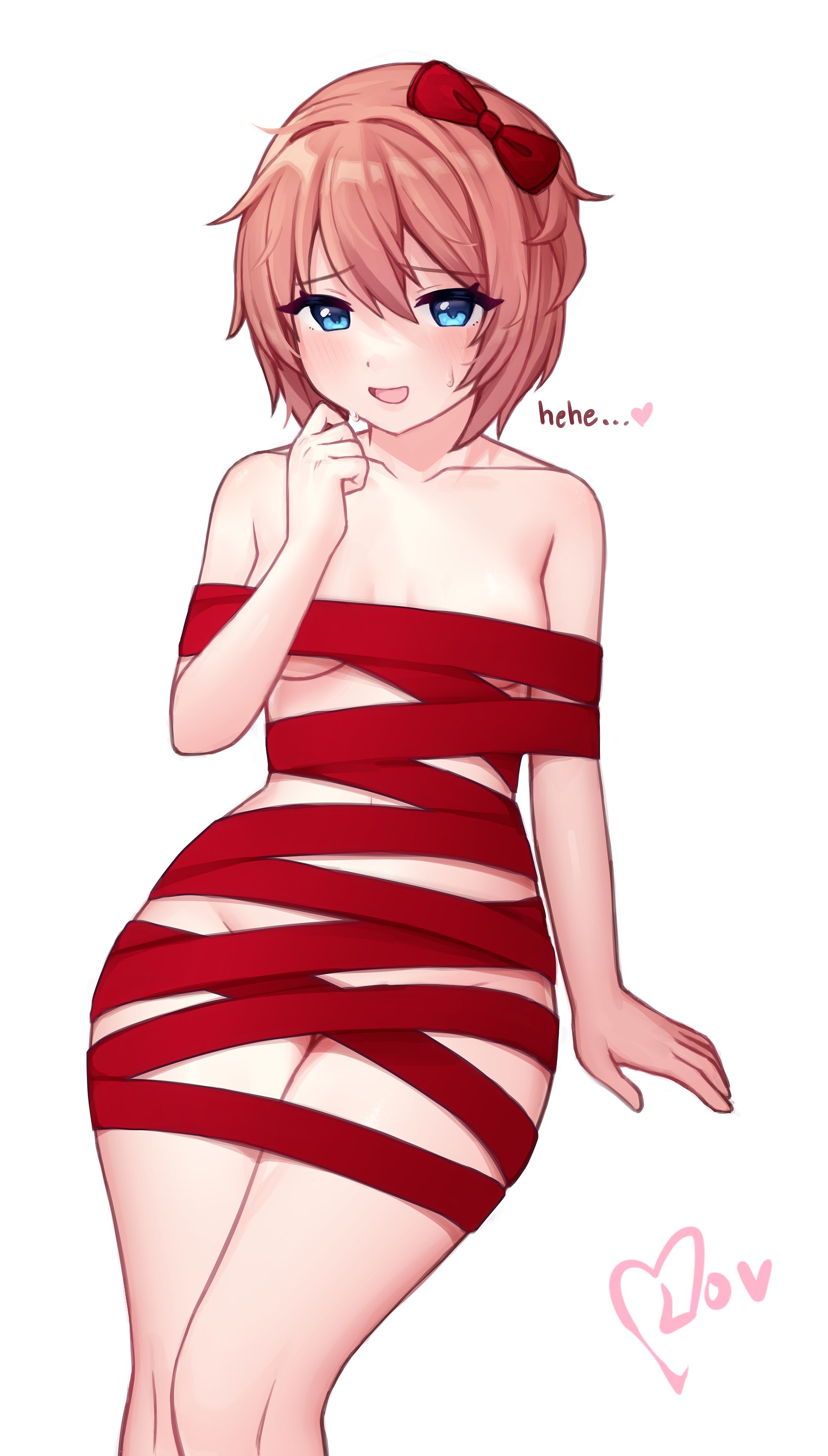 1girls, absurdres, artist name, blue eyes, bow, breasts, doki doki literature club, english text, female, female only, hair ornament, hairbow, heart, highres, just sayori, light skin, light-skinned female, looking at viewer, lovdere, naked ribbon, open mouth, pink hair, ribbon, sayori (doki doki literature club), short hair, small breasts, solo, text, watermark, white background