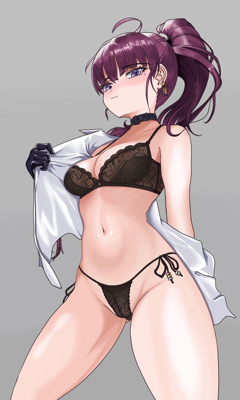 1girls bare_shoulders black_bra black_gloves black_panties blush breasts choker collarbone cowboy_shot dolla_(nikke) earrings gloves goddess_of_victory:_nikke grey_background hi_res lingerie long_hair looking_at_viewer medium_breasts milkwerk navel off_shoulder open_shirt panties ponytail purple_eyes purple_hair side-tie_panties simple_background smile stomach thighs underwear white_background white_shirt