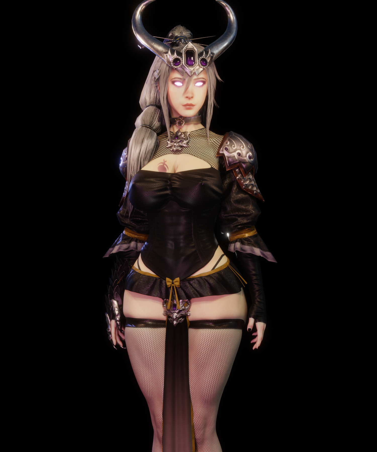 1girls, 3d, branded, branding mark, chaos (warhammer), collar, female, female only, fishnets, g-string, miao ying, microskirt, miniskirt, skimpy, skimpy clothes, slaanesh, slaanesh mark, soboro, solo, solo female, thick thighs, thong, warhammer (franchise), warhammer fantasy