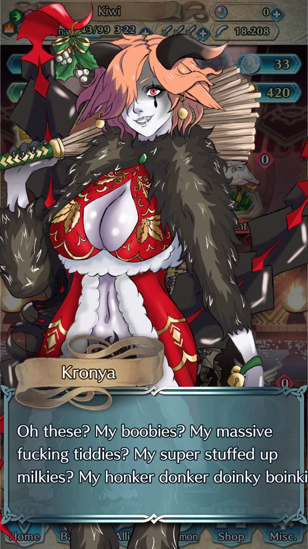 1girls alternate_costume artist_kiwi bare_midriff bell black_nails breasts broom christmas cleavage cleavage_cutout cosplay earrings english_text female female_only fire_emblem fire_emblem:_three_houses fire_emblem_heroes fur grey_lips grey_lipstick grin hair_over_one_eye hoof_boots horns krampus_(cosplay) kronya_(fire_emblem) large_breasts legs lipstick looking_at_viewer midriff mistletoe nail_polish nintendo orange_hair purple_skin red_eyes short_hair smile solo tail text text_box weapon