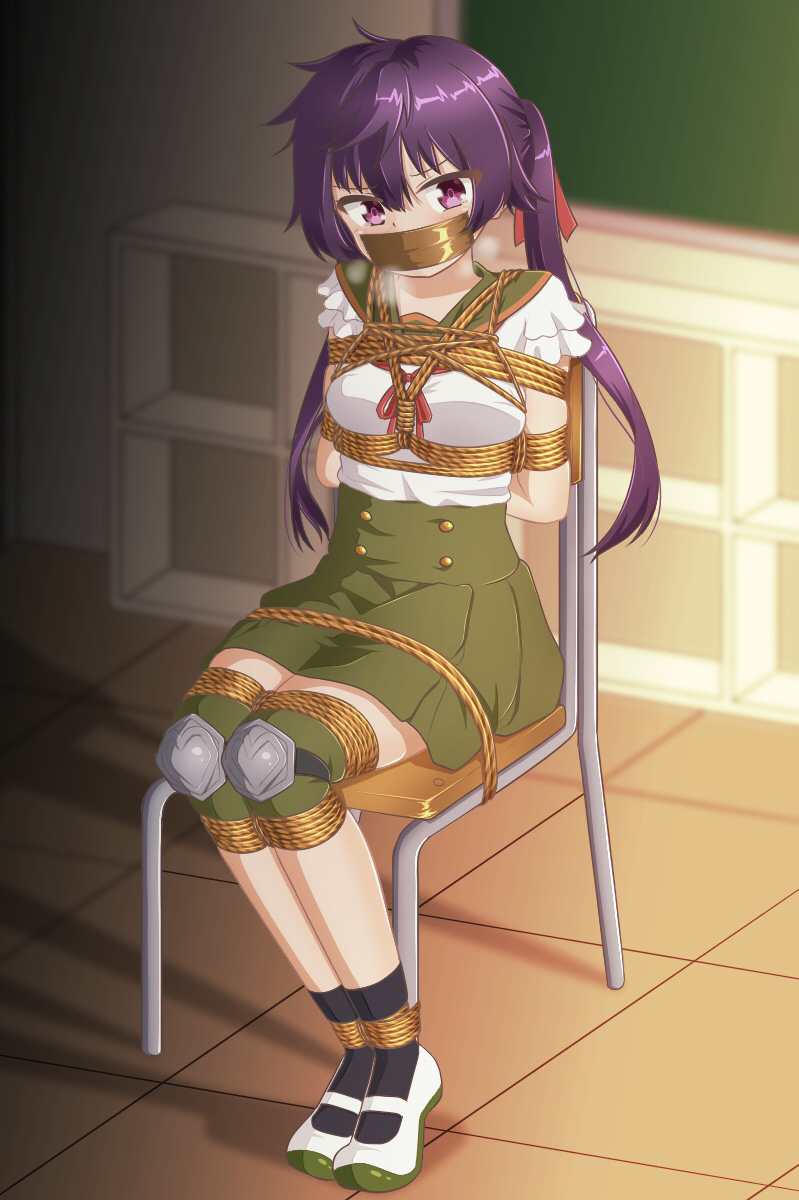 arms_tied_behind_back artist_request bondage bound_ankles bound_legs ebisuzawa_kurumi gag gagged gakkou_gurashi! looking_at_viewer purple_eyes purple_hair tape_gag tied_to_chair