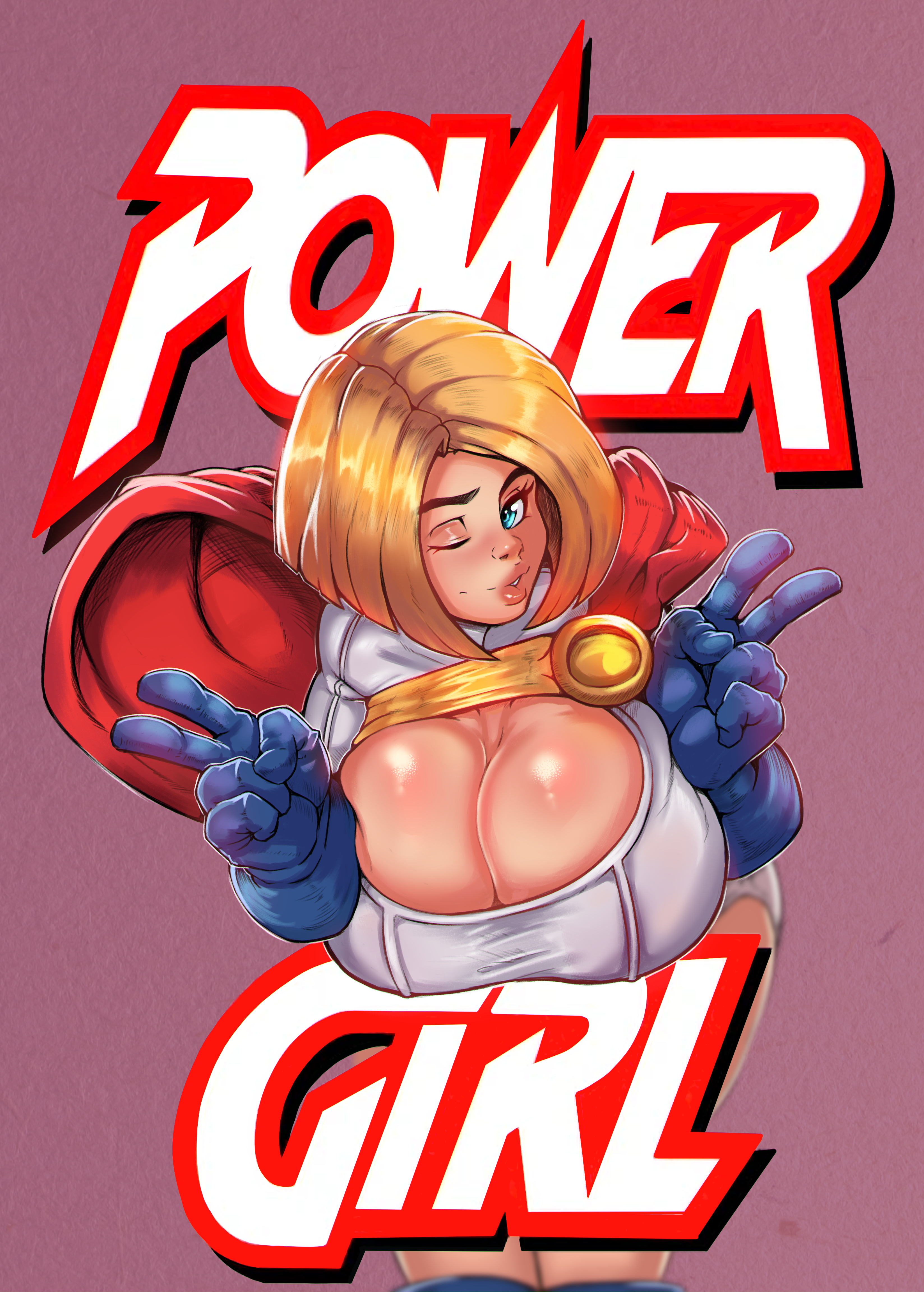 big breasts, blonde hair, blue eyes, boob squish, boob window, breasts, cape, cleavage, dc, dc comics, english text, female, female only, gloves, karen starr, leaning forward, peace sign, plump lips, power girl, reliusmax, short hair, solo, solo focus, squished breasts, superman (series), text, title, winking, winking at viewer