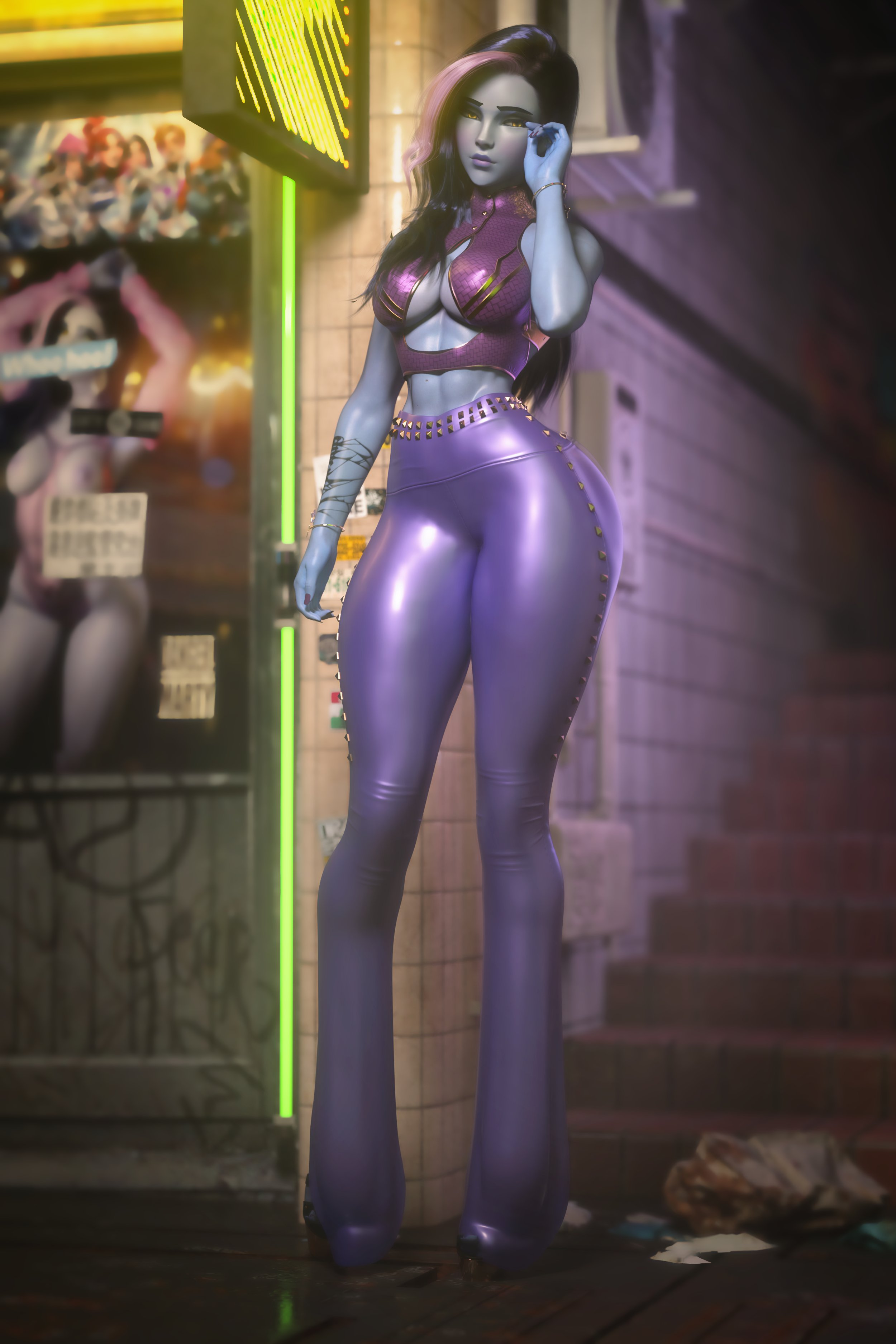 3d, ass, big ass, blizzard entertainment, female, french, french female, noahgraphicz, overwatch, overwatch 2, pink highlights, purple hair, purple skin, solo, thick thighs, widowmaker, yellow eyes