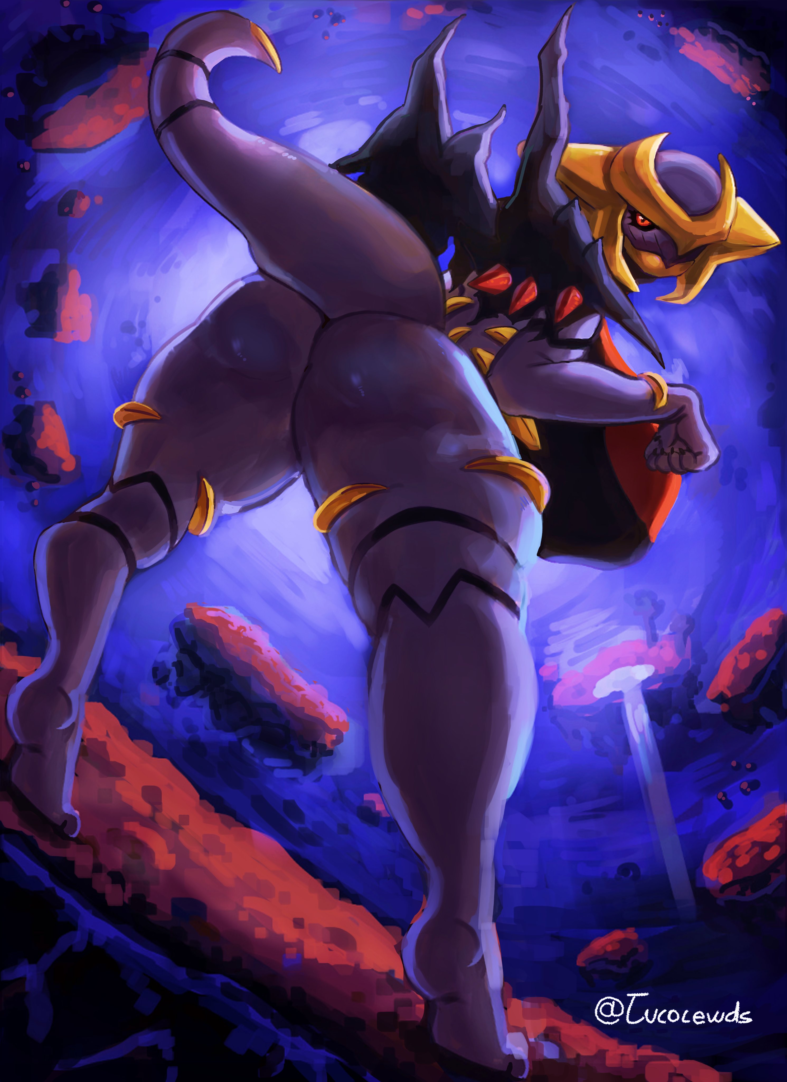 ass, ass focus, back view, big ass, bubble ass, bubble butt, detailed background, feet, from behind, furry, game freak, giratina, looking back, nintendo, pokémon (species), pokemon, pokemon (species), presenting, red eyes, tagme, thick thighs, tiptoes, tucolewds