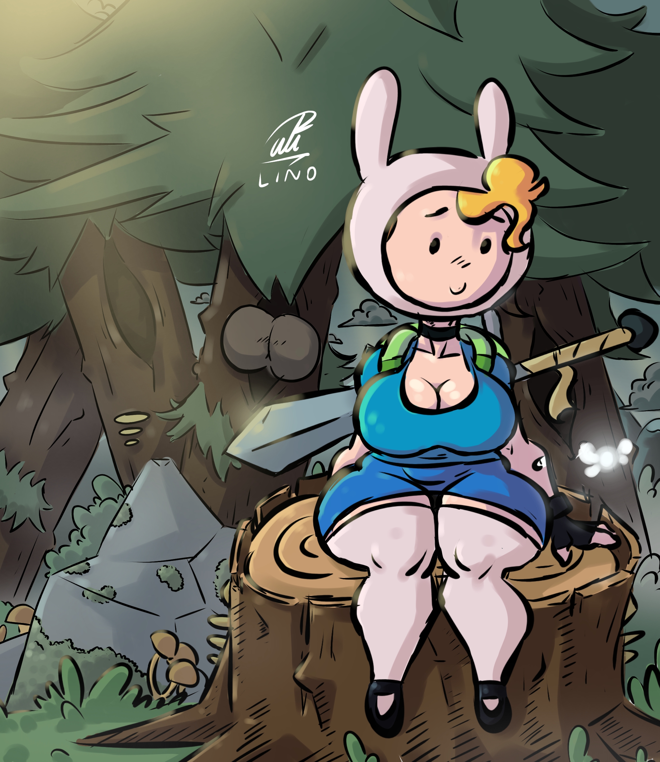 1girls, adventure time, backpack, bag, big breasts, big thighs, blonde hair, blush, breasts, cartoon network, clothing, female, fionna and cake, fionna the human girl, fireflies, footwear, gloves, handwear, huge thighs, human, pale skin, penicilino123, pepitocuario123, skirt, smiling, socks, sword, thick thighs, trees, trunk, white skin