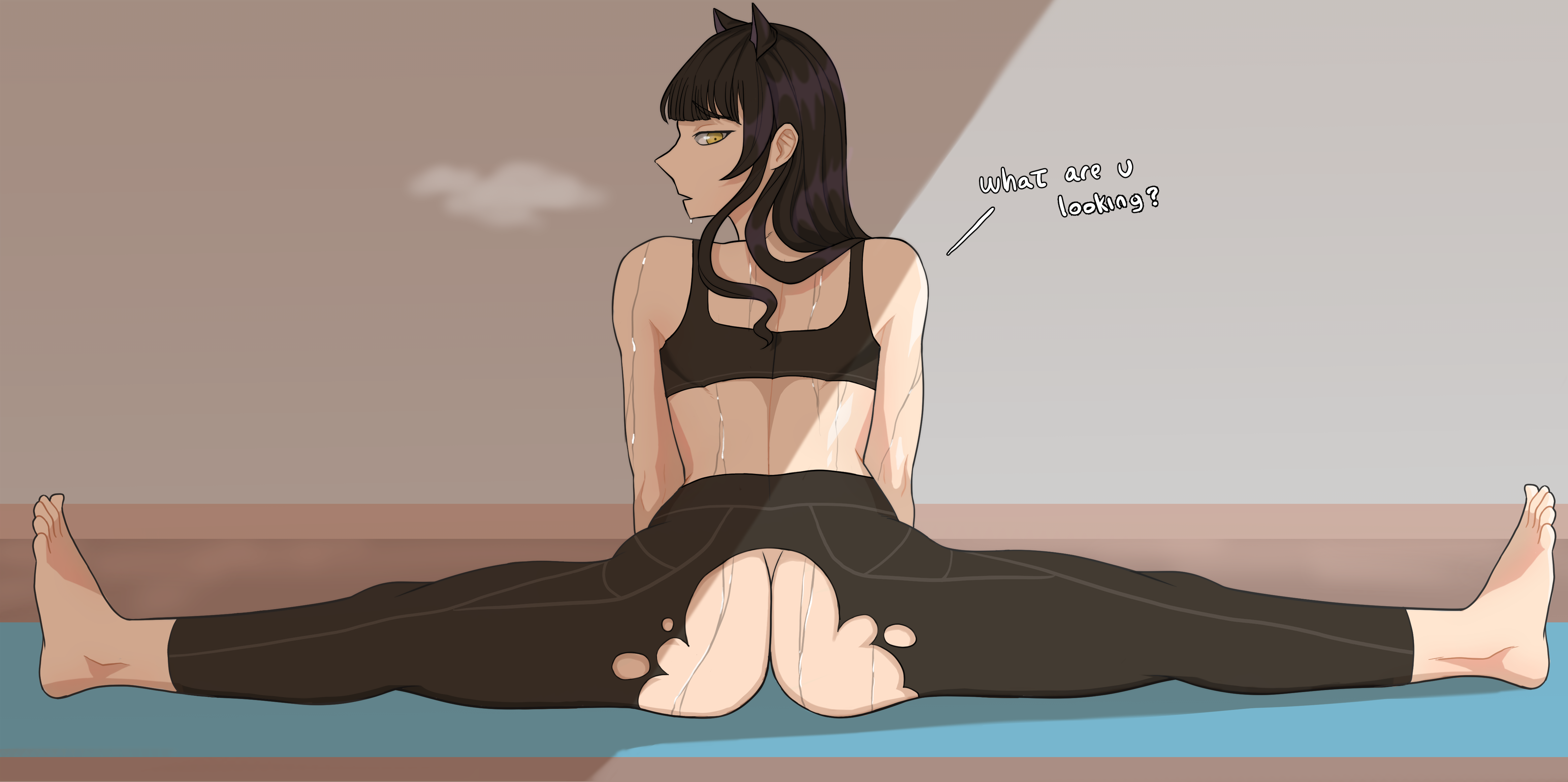 absurd res, absurdres, ass, ass cheeks, bangs, bare ass, bare shoulders, barefoot, big ass, big butt, black bra, black hair, black pants, black sports bra, black yoga pants, blake belladonna, butt cheeks, cat ears, color, dialogue, english, english text, feet, female, from behind angle, full color, hair over shoulder, high quality, high resolution, highres, light skin, light-skinned female, lighting, long black hair, long hair, looking at viewer, looking back, looking back at viewer, nobledocart, out of breath, panting, ripped clothes, ripped clothing, ripped pants, rwby, shiny hair, splits, stretch, stretching, stretching legs, sweat, sweating, thick ass, thick thighs, torn clothes, torn clothing, torn legwear, torn pants, working out, workout, workout clothes, yellow eyes, yoga mat, yoga pants, yoga pose