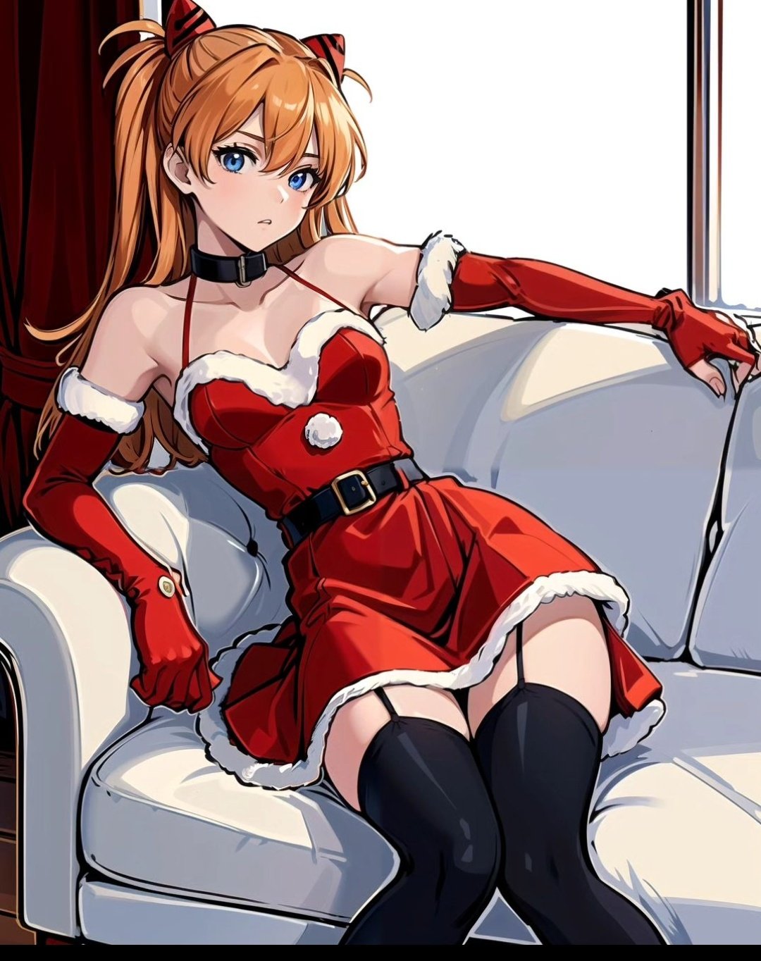 1girls ai_generated asuka_langley_sohryu bare_shoulders gloves long_hair neon_genesis_evangelion neopn_genesis_evangelion red_hair santa_costume santa_dress skirt small_breasts small_waist stockings teenager wide_hips