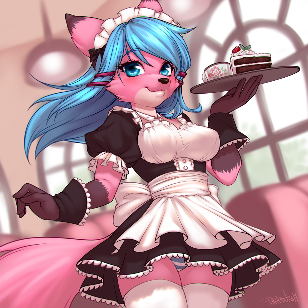 1girls 2014 anthro blue_eyes blue_hair female female_focus female_only fox fox_ears fox_girl furry maid_cafe maid_outfit original pantyshot pink_fur pollo-chan shimapan solo solo_female solo_focus takimi thighhighs