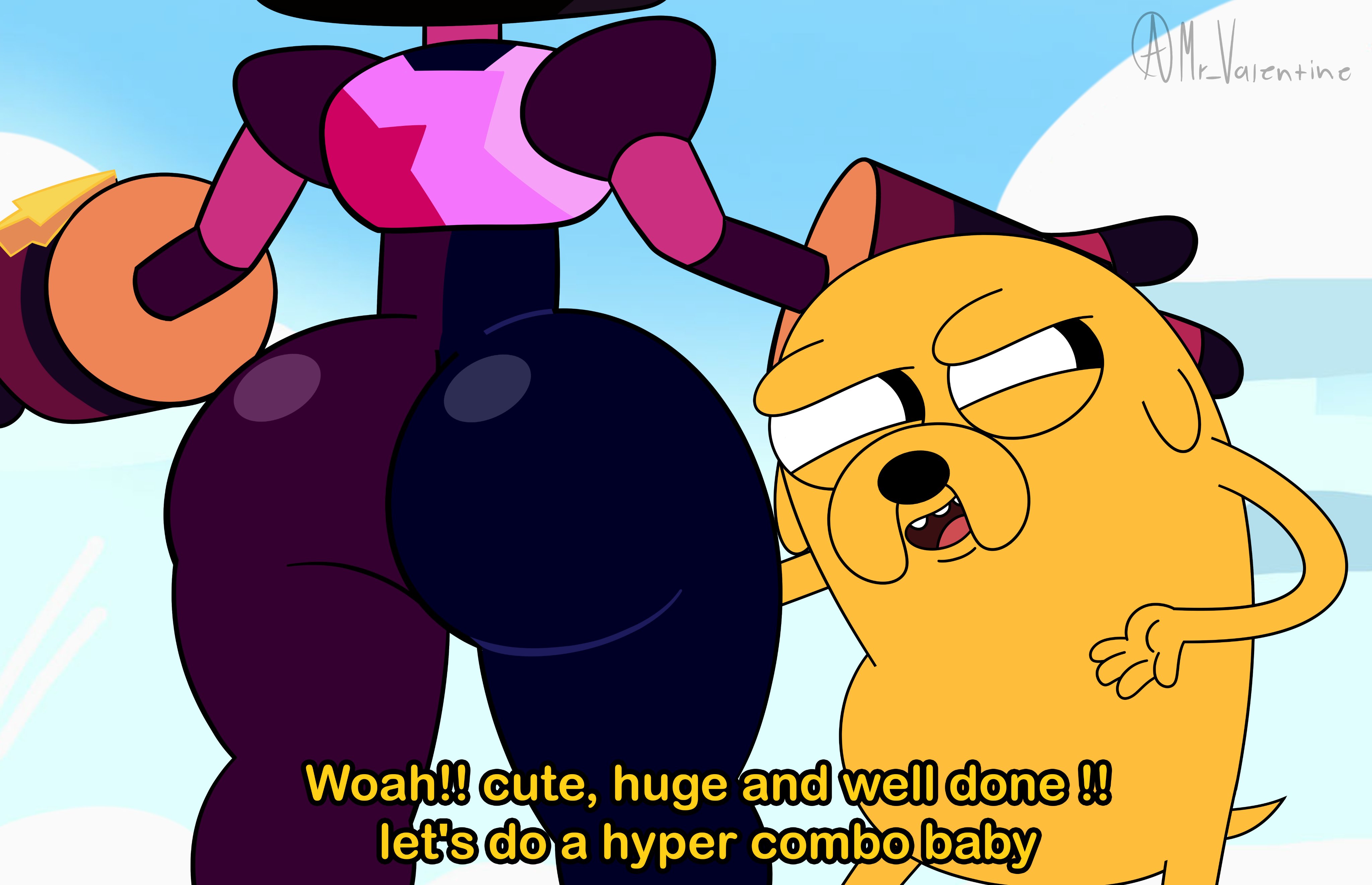 1boy, 1girls, accurate art style, adventure time, artist name, artist signature, ass, ass focus, back view, big ass, big butt, bubble ass, bubble butt, cartoon network, crossover, curvy, day, dialogue, english text, fat ass, female, female focus, from behind, garnet (steven universe), high resolution, highres, jake the dog, large ass, male, male/female, mr valentine00, multiversus, steven universe, tagme, text, thick ass, thick thighs, thighs, voluptuous