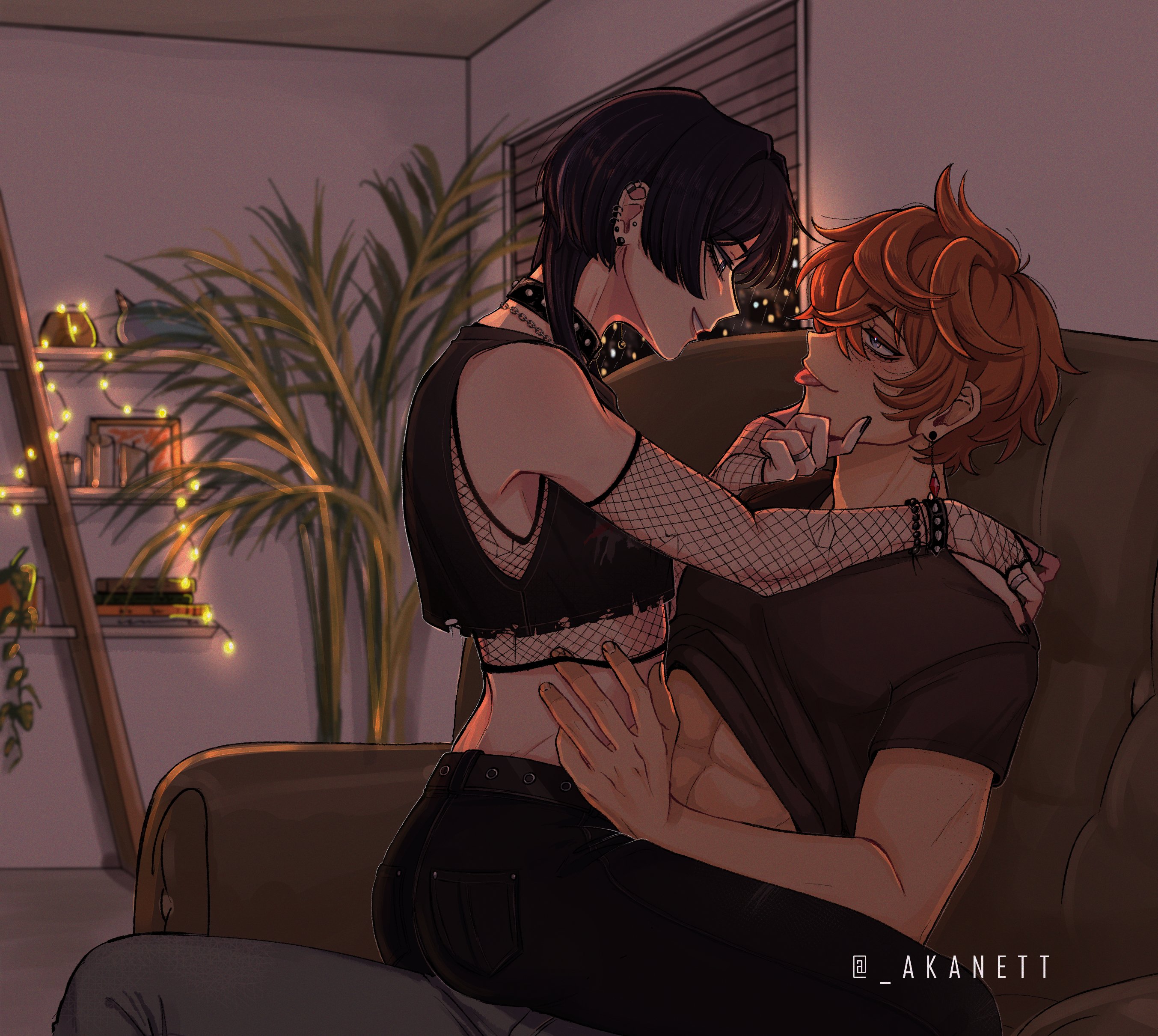 abs, akanett, androgynous, bare shoulders, boy on top, childe (genshin impact), choker, ear piercing, femboy, fishnets, gay, genshin impact, goth, goth boy, looking at another, male, male only, male with painted nails, nail polish, scaramouche (genshin impact), shirt lift, sitting, sitting on lap, sitting on person, smile, tartaglia (genshin impact), tongue, tongue out, yaoi