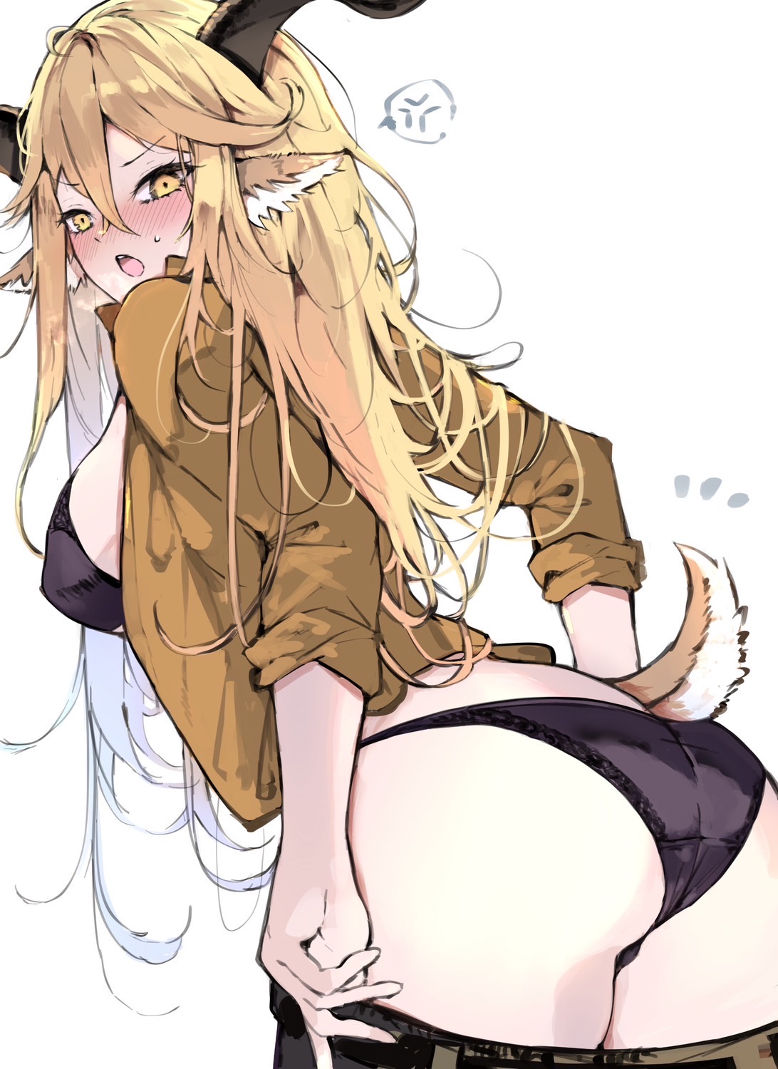 1girls, 2023, animal ears, arknights, ass, ass focus, blonde hair, blush, degenbrecher (arknights), female, goat ears, goat girl, goat horns, hi res, horns, kemonomimi, light skin, light-skinned female, looking at viewer, looking back, pants down, plastic night q, simple background, solo, standing, yellow eyes