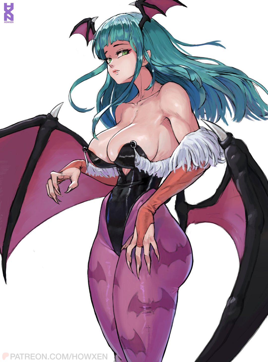 1girls 2023 areola_slip bat_print capcom cleavage clothing darkstalkers female female_only gauntlets green_eyes green_hair head_wings hi_res howxen large_breasts leotard long_hair looking_at_viewer morrigan_aensland narrowed_eyes pantyhose purple_pantyhose sharp_fingernails solo succubus succubus_wings thick_thighs white_background wings