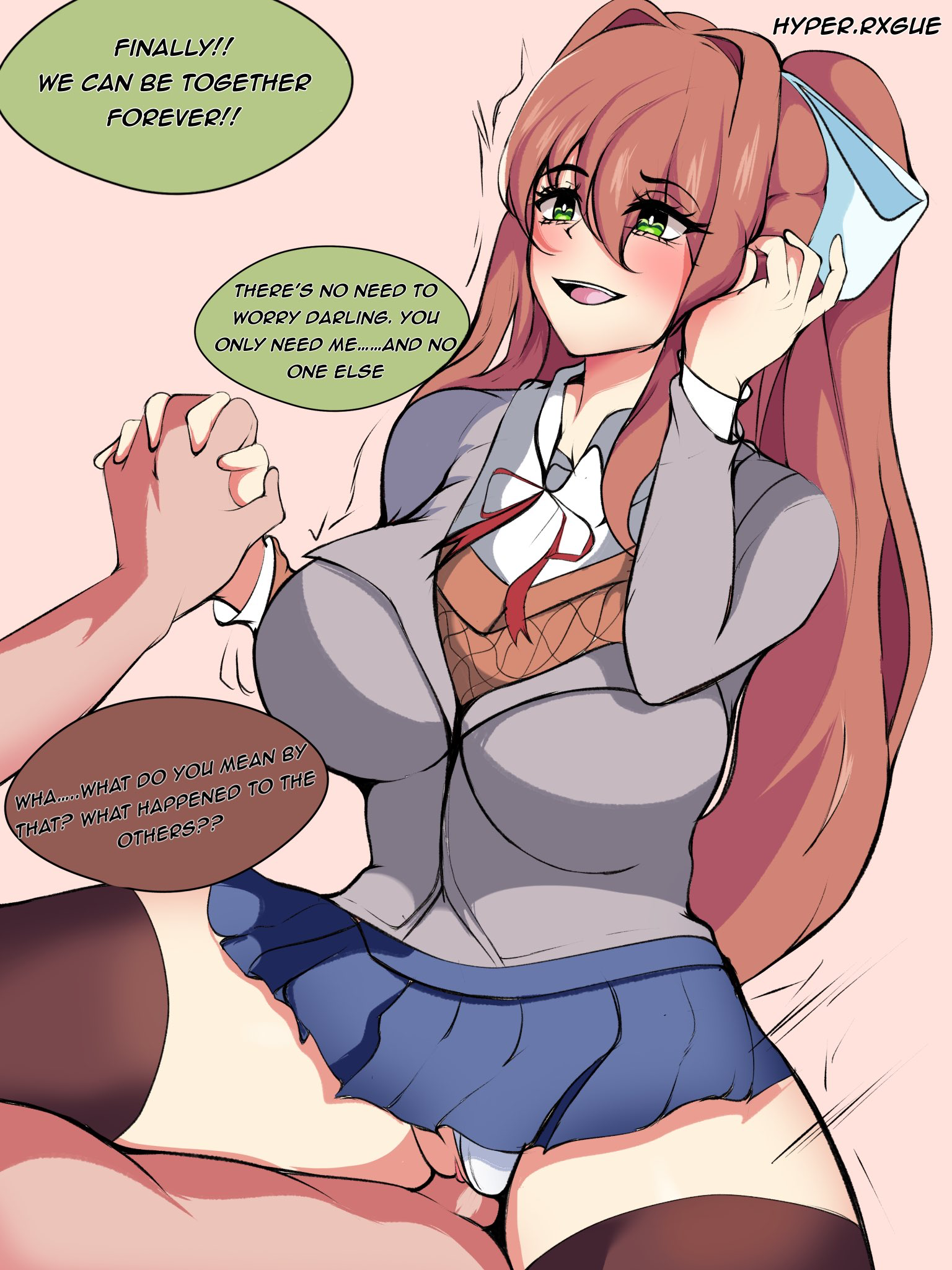 1boy, 1girls, alternate version available, big breasts, breasts, brown hair, clothed, clothed sex, clothing, cowgirl position, doki doki literature club, female, green eyes, hair ribbon, handholding, holding hands, hyperrxgue, light brown hair, long hair, male, monika (doki doki literature club), open mouth, open smile, panties, panties aside, penis, pussy, ribbon, school uniform, schoolgirl, sex, smile, thick thighs, thighhighs, thighs, vaginal penetration, white ribbon, wholesome, wholesome sex