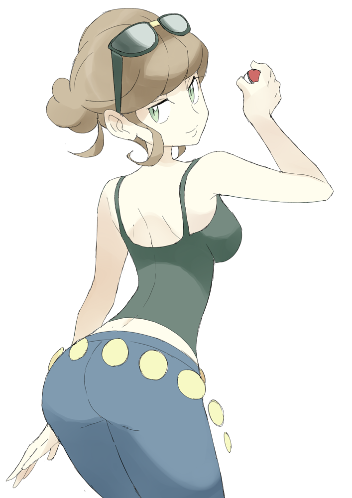 ass beauty_(pokemon) beauty_(pokemon_xy) glasses glasses_on_head jeans looking_at_viewer looking_back medium_breasts npc_trainer pokeball pokemon pokemon_xy shigino_sohuzi sunglasses tight_clothing