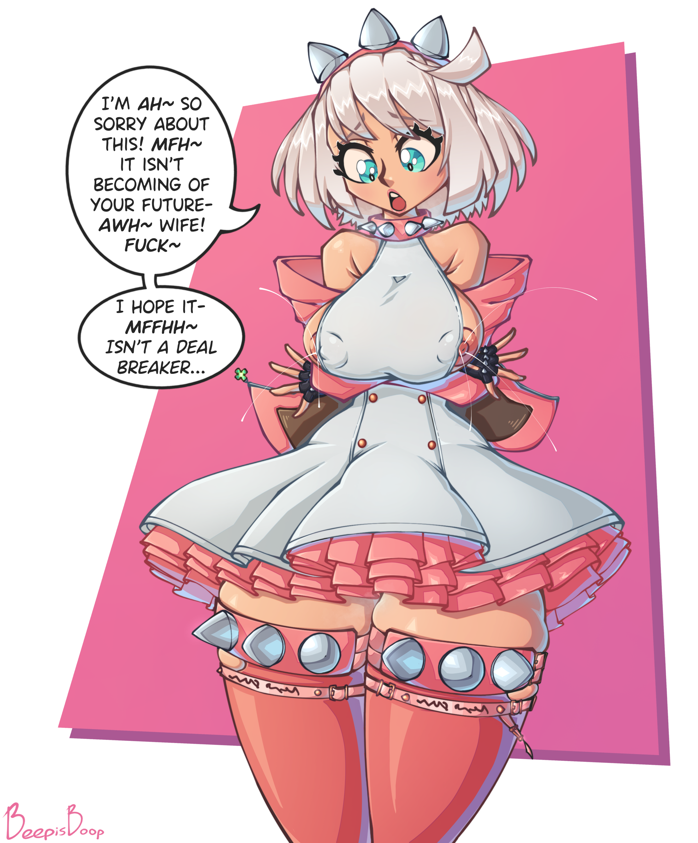 1girls, arc system works, arms crossed, arms under breasts, beepisboop, big breasts, big thighs, bottom heavy, breasts, child bearing hips, elphelt valentine, female, flustered, frilled skirt, guilty gear, guilty gear strive, huge hips, huge thighs, lactating, lactation, looking at breasts, nipple bulge, nipple slip, nipples, skirt, text, text bubble, thigh squish, thighhighs