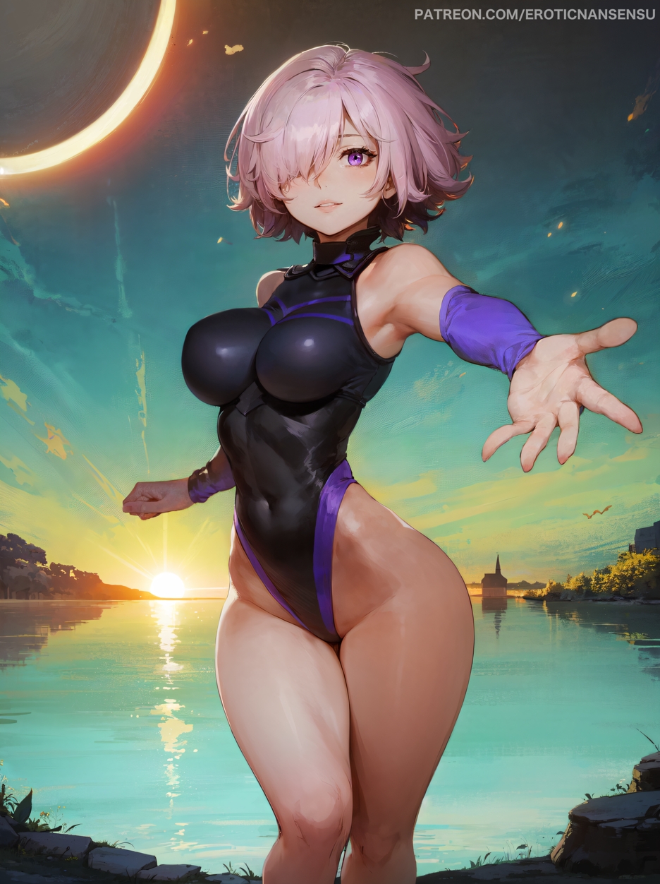 ai assisted, ai generated, bare legs, beckoning, breasts, curvy, erotic nansensu, fate (series), fate/grand order, female, hair over one eye, hi res, highleg, highleg leotard, hips, large breasts, leotard, mash kyrielight, outstretched arm, patreon username, pink hair, purple eyes, short hair, sleeves, thick thighs
