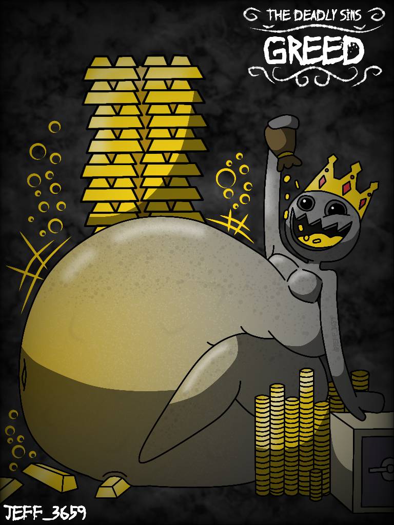 1boy big_belly black_sclera coins crown eating_coins fat fat_man gold gold_(metal) grey_body jeff_3695 king male male_focus male_only money seven_deadly_sins_(concept) solo_male