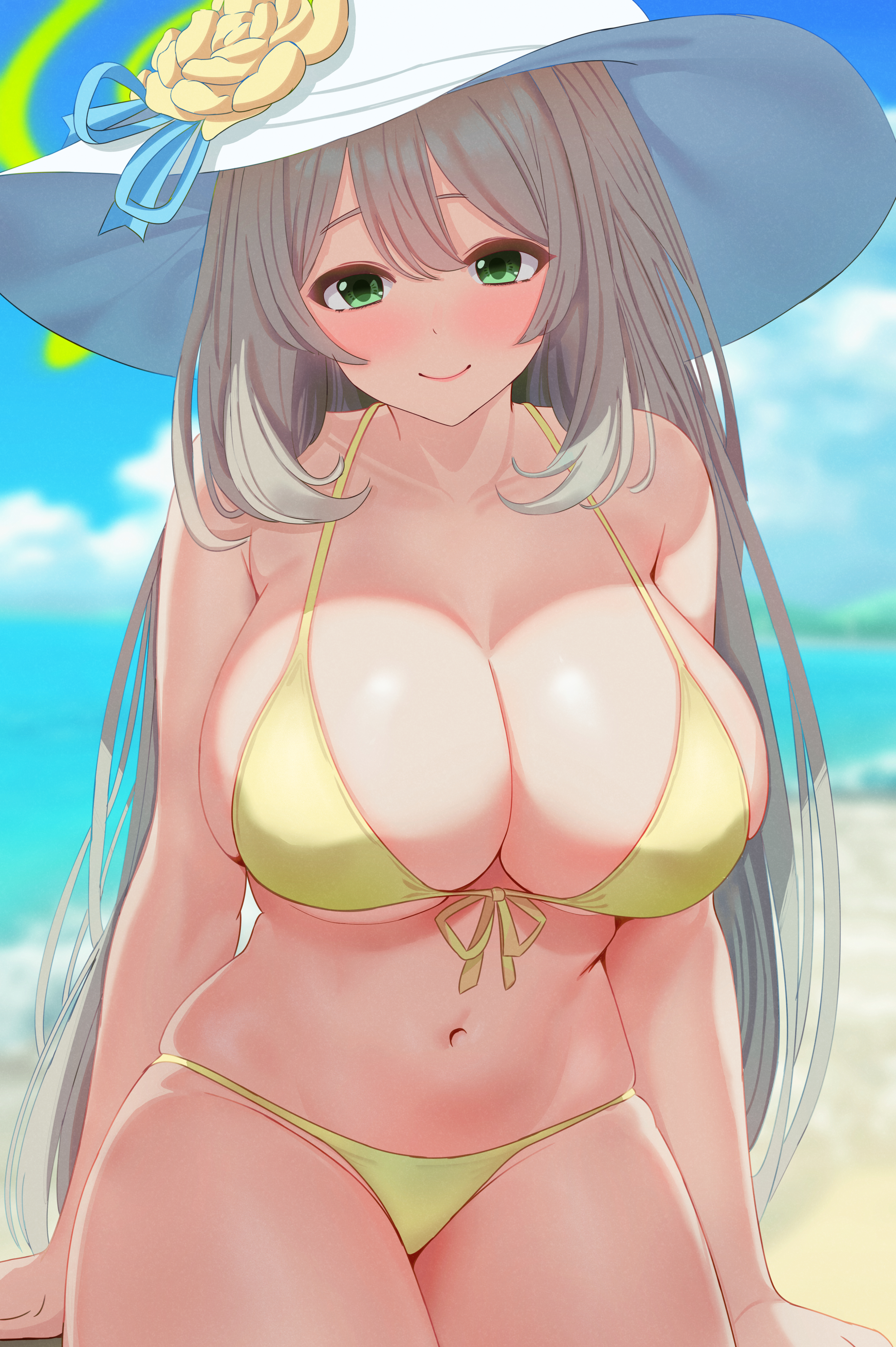 1girls, abydos high school student, big breasts, bikini, bikini top, blue archive, bottomwear, breasts, cleavage, female, female only, foreclosure task force (blue archive), green eyes, hair, hat, headwear, huge breasts, large breasts, light skin, light-skinned female, long hair, ni tamago sando, nonomi (blue archive), nonomi (swimsuit) (blue archive), smile, solo, sun hat, swimwear, topwear, white hair, yellow bikini