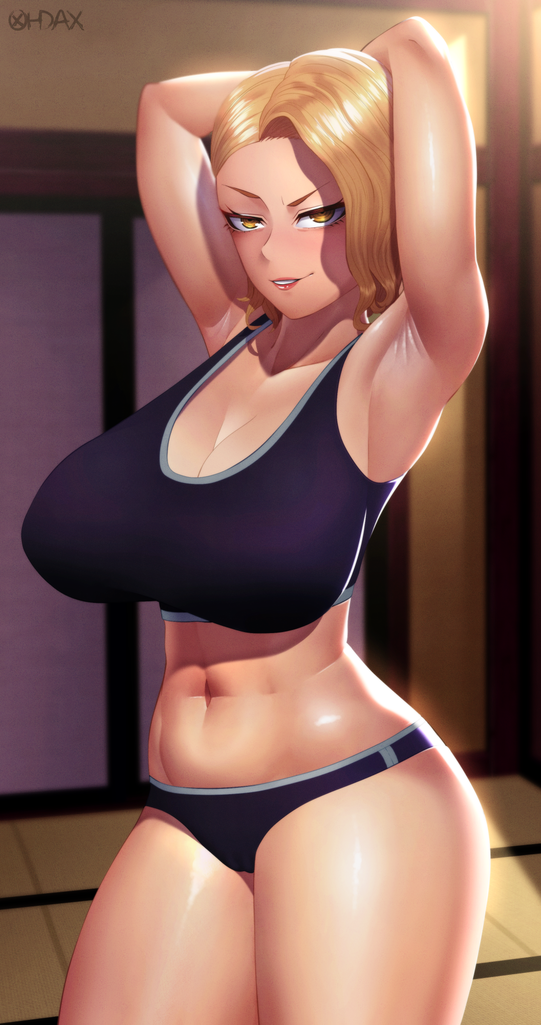 1girls abs armpits arms_up breasts brown_eyes brown_hair cameltoe cleavage female huge_breasts looking_at_viewer mature_female navel ohdax panties sazanami_kuina solo sports_bra thick_thighs tougen_anki underwear underwear_only variant_set