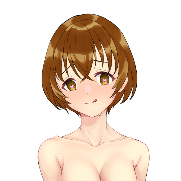 breasts_covered brown_eyes brown_hair cleavage heart-shaped_pupils licking_lips light-skinned_female light_skin lustful_gaze nude nude_female original original_character sweat sweating