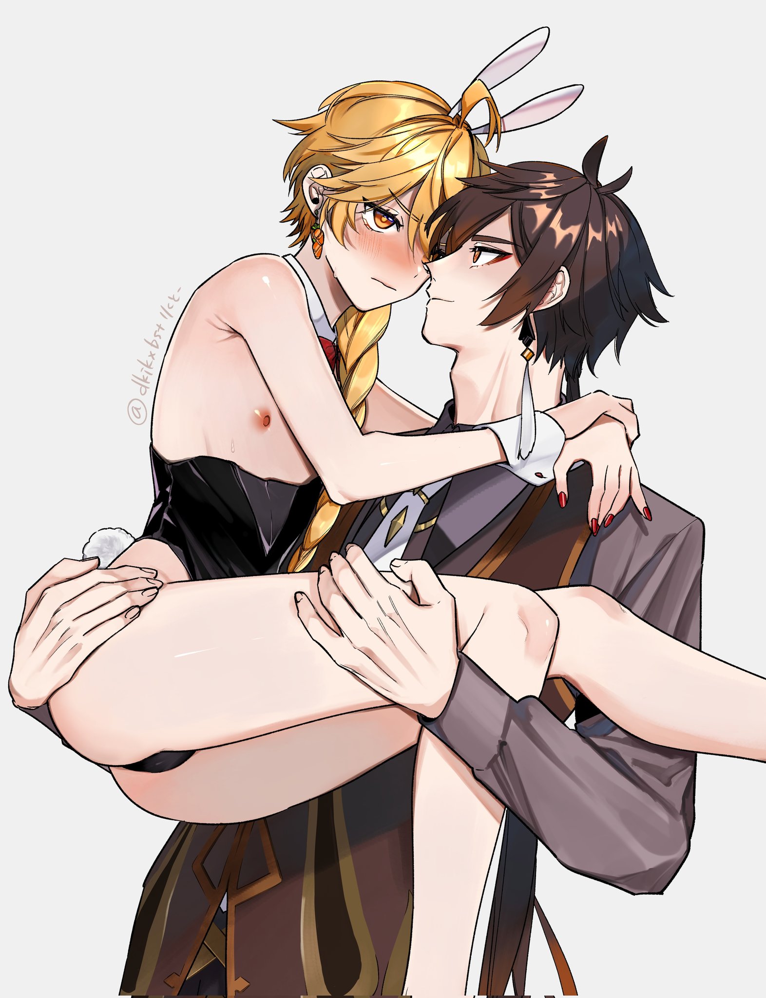 2boys, aether (genshin impact), androgynous, bare legs, bare shoulders, blonde hair, blush, braid, braided hair, bunny boy, bunny tail, bunnysuit, carrying, crossdressing, femboy, feminine male, gay, genshin impact, legs, leotard, male, nail polish, nipples, twink, zhongli (genshin impact)