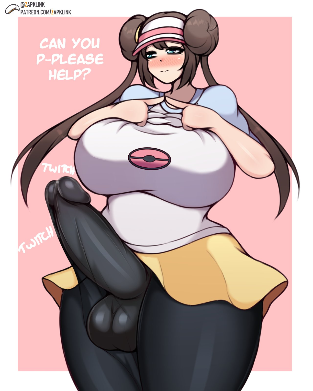 1futa, balls, blue eyes, breasts, brown hair, clothed, clothing, dialogue, english text, erection, erection under clothes, fully clothed, futa only, futanari, game freak, hi res, huge breasts, huge cock, human, intersex, light skin, light-skinned futa, long hair, nervous, nintendo, paizuiri (artist), penis, pokemon, pokemon bw2, rosa (pokemon), solo, solo futa, standing, tenting, text, thick thighs, twin buns, twintails, uncensored
