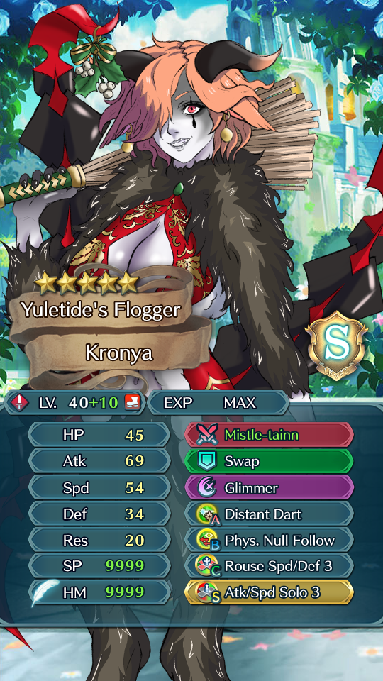 1girls alternate_costume artist_kiwi bare_midriff bell black_nails breasts broom christmas cleavage cleavage_cutout cosplay earrings english_text female female_only fire_emblem fire_emblem:_three_houses fire_emblem_heroes fur grey_lips grey_lipstick grin hair_over_one_eye hoof_boots horns krampus_(cosplay) kronya_(fire_emblem) large_breasts legs lipstick looking_at_viewer midriff mistletoe nail_polish nintendo orange_hair purple_skin red_eyes short_hair smile solo stats tail text weapon