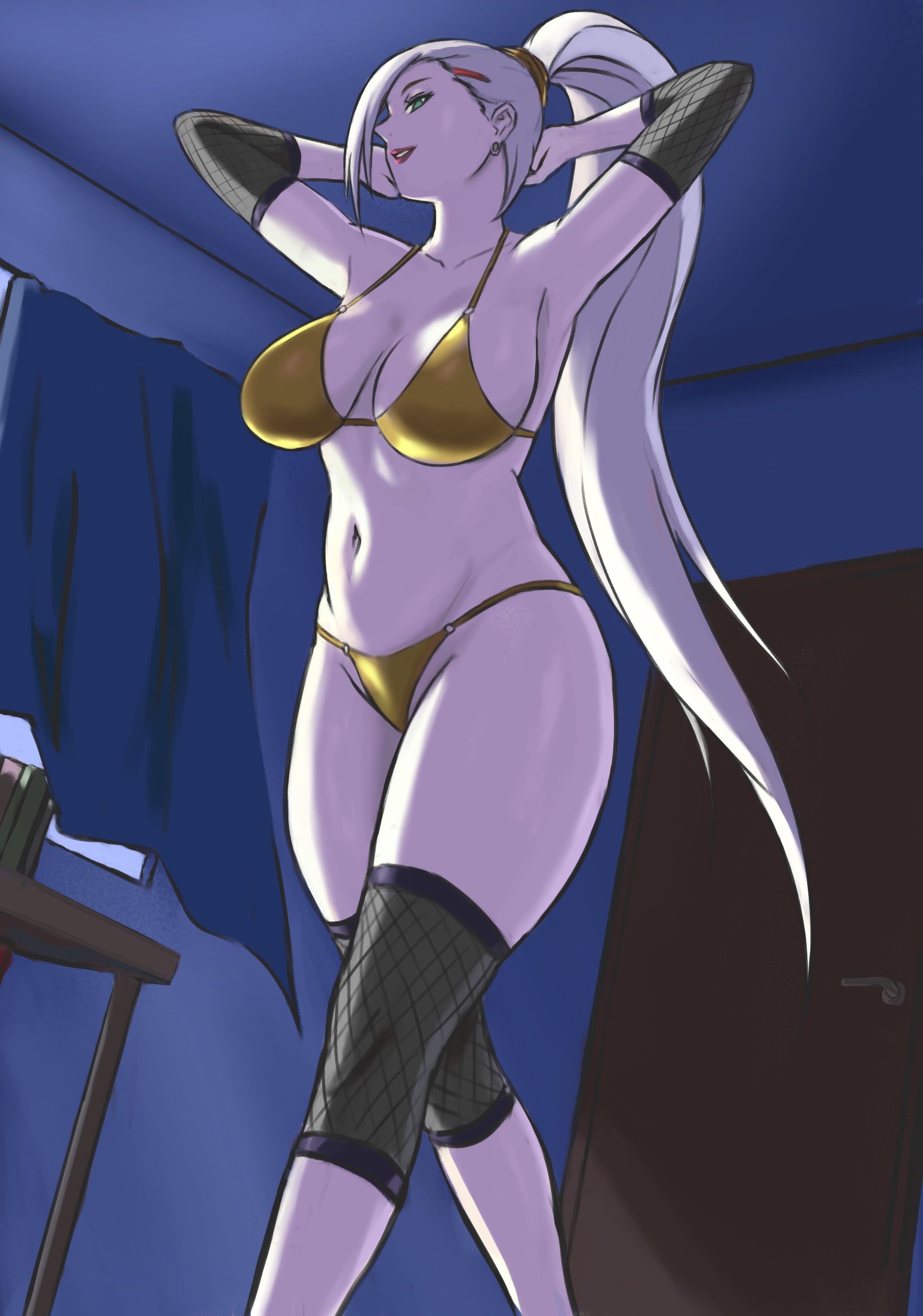 1girls, armpits, arms behind head, arms up, bedroom, big breasts, bikini, blonde hair, blue eyes, breasts, busty, clothing, cowboy shot, female, female only, fishnet armwear, fishnet legwear, fishnets, from above, golden bikini, high ponytail, high resolution, indoors, ino yamanaka, kunoichi, large breasts, lipstick, long hair, looking at viewer, looking down, looking down at viewer, makeup, naruto, naruto (series), naruto shippuden, navel, neemudo, platinum blonde hair, ponytail, presenting armpit, red lipstick, sensual, sexy armpits, showing armpits, smile, smooth armpits, solo, solo female, swimsuit, tied hair, very high resolution, very long hair, walking, yellow bikini, yellow swimsuit