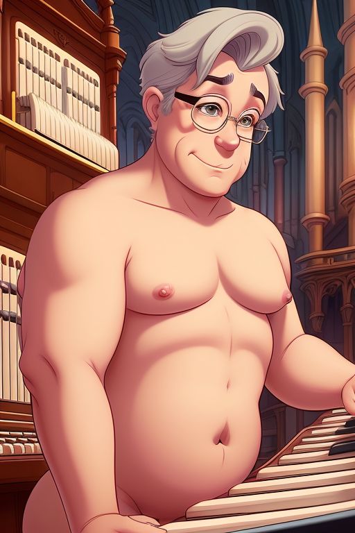 ai_generated bara bara_tits belly chubby church convenient_censoring daddy gay glasses gordon_the_organist grey_hair male nude older_male organist overweight_male pipe_organ stable_diffusion