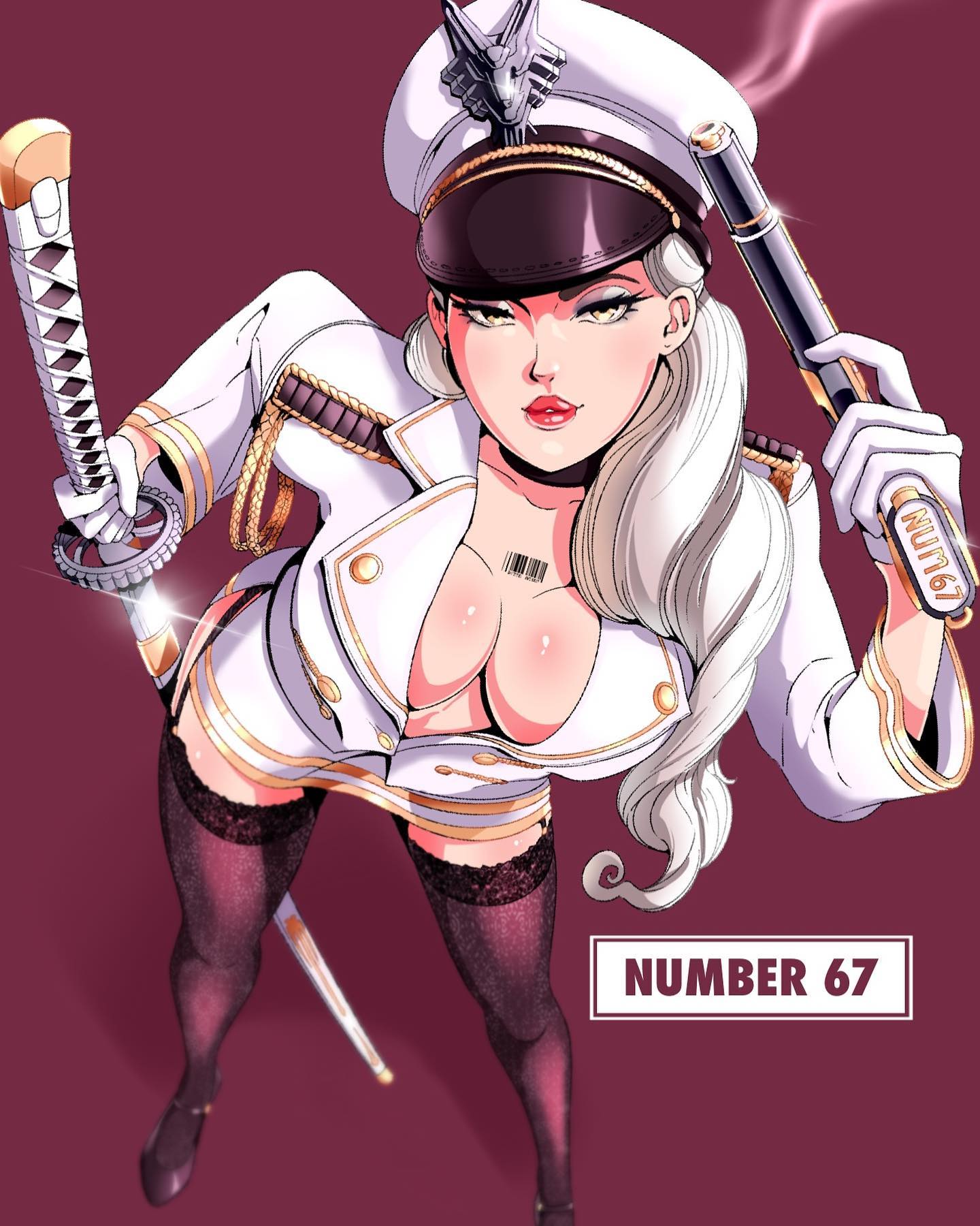 1girls barcode barcode_tattoo big_breasts cleavage female female_only high-angle_view light-skinned_female looking_at_viewer original original_character police_uniform solo spiritdraws stockings