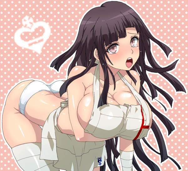 1girls, apron, apron only, breasts, cleavage, danganronpa, danganronpa 2: goodbye despair, dosugon, female, large breasts, panties, solo, straight hair, tsumiki mikan, underwear