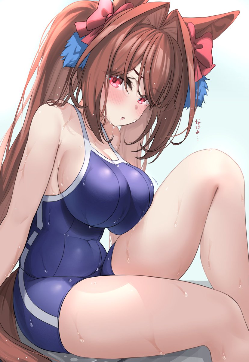 animal_ears belly belly_button belly_button_visible_through_clothing big_breasts blush blushing breasts curvaceous curvy curvy_female curvy_figure daiwa_scarlet_(umamusume) huge_breasts kibihimi large_breasts legs one-piece_swimsuit shoulders sideboob swimsuit swimwear thick thick_legs thick_thighs thighs tight_clothes tight_clothing tight_fit tight_swimsuit tight_swimwear tummy umamusume wet wet_body