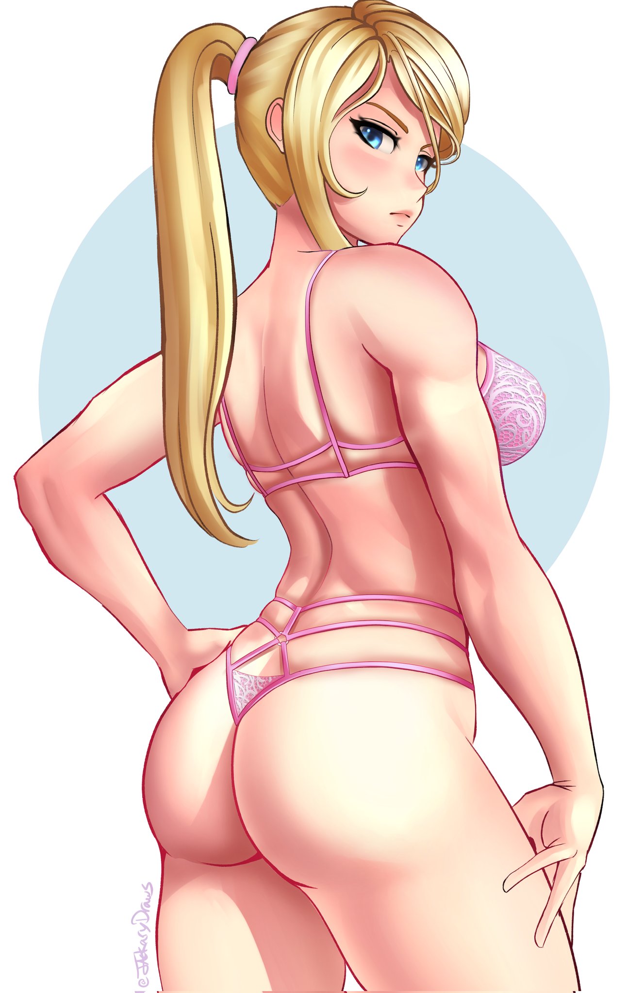 ass, blonde hair, blue eyes, female, jackary draws, lingerie, looking at viewer, metroid, nintendo, pink underwear, ponytail, samus aran