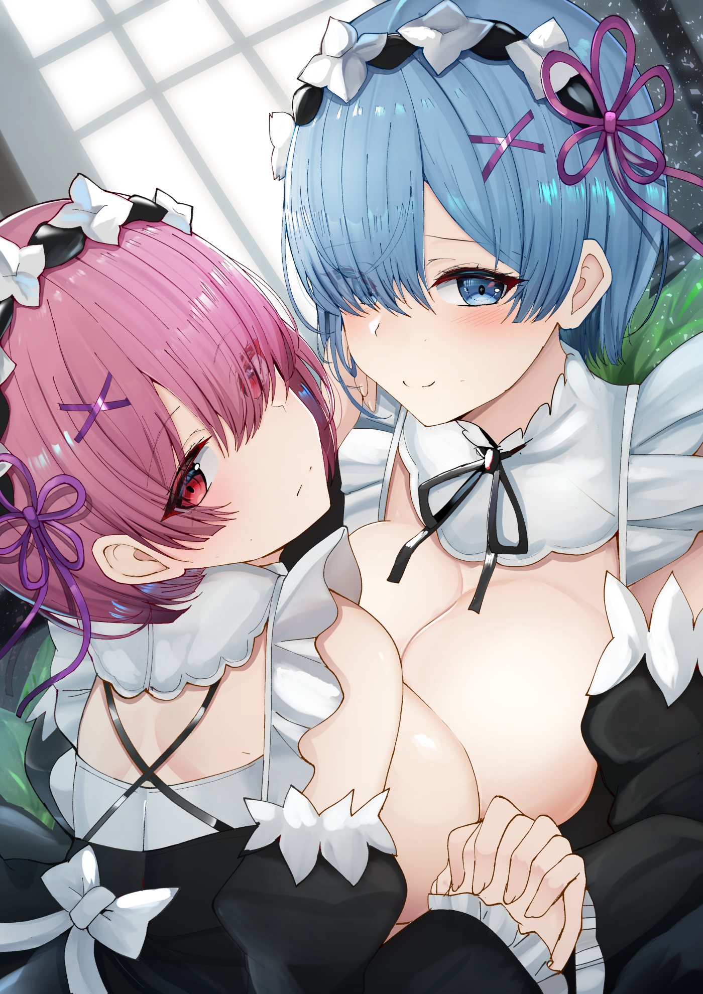 2d, 2girls, blue eyes, blue hair, breast press, breasts, breasts out, chiyo (pk19981234), female, female only, holding hands, human, looking at viewer, maid, maid headdress, maid uniform, matching hair/eyes, multiple females, multiple girls, pink eyes, pink hair, ram (re:zero), re:zero kara hajimeru isekai seikatsu, rem (re:zero), short hair, sisters, smile, twins, x hair ornament, yuri