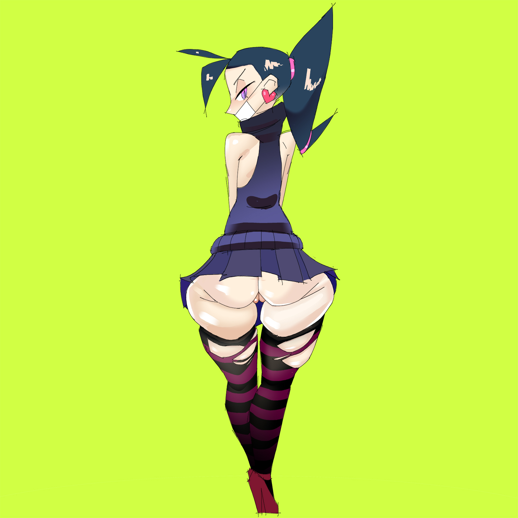 1girls, 2021, ass, bare shoulders, big ass, curvaceous, curvy, dark blue hair, earrings, face mask, fat ass, female, female focus, going commando, goth, green background, heart earrings, huge ass, light skin, light-skinned female, looking at viewer, looking back, mask, monstrousfrog, no underwear, original character, pale skin, pale-skinned female, ponytail, purple eyes, ripped stockings, solo, solo focus, stockings, thigh gap, turtleneck, turtleneck dress