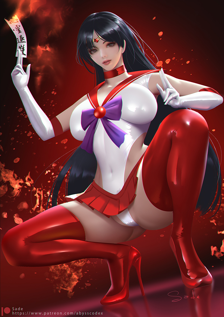 1girls, armwear, big breasts, bishoujo senshi sailor moon, black hair, breasts, clothed, clothed female, clothing, dark hair, female, female focus, female only, high heels, lipstick, long hair, looking at viewer, panties, red high heels, red skirt, red thighhighs, rei hino, sade abyss, sailor mars, skirt, small breasts, stiletto heels, stockings, straight hair, thighhighs, underskirt, very high heels, white panties