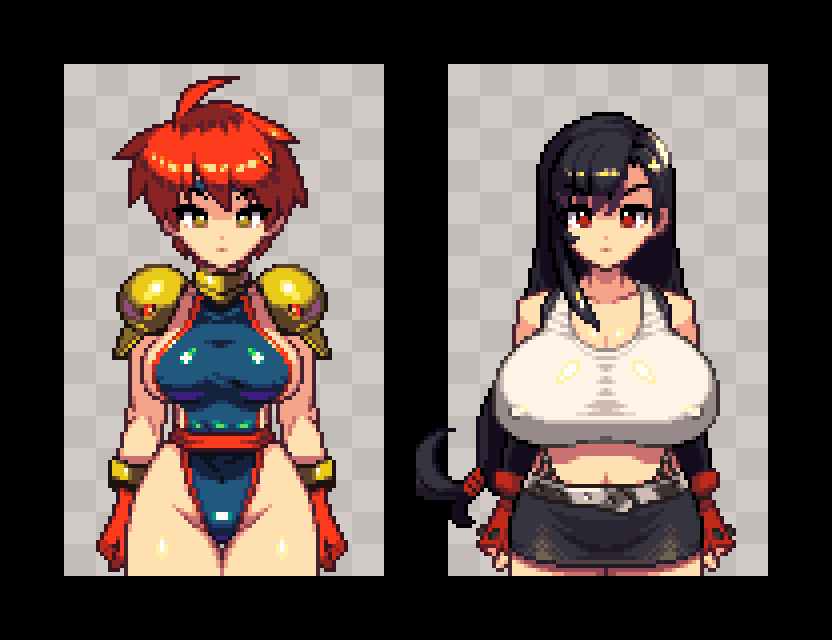 black_hair breasts camille_(suikoden) erect_nipples_under_clothes final_fantasy final_fantasy_vii gensou_suikoden gensou_suikoden_i highleg highleg_leotard hips huge_breasts large_breasts leotard looking_at_viewer pixel_art red_hair shirt sideboob skirt suikoden suikoden_i tagme tifa_lockhart tight tight_shirt wide_hips yumura_kino yumurama